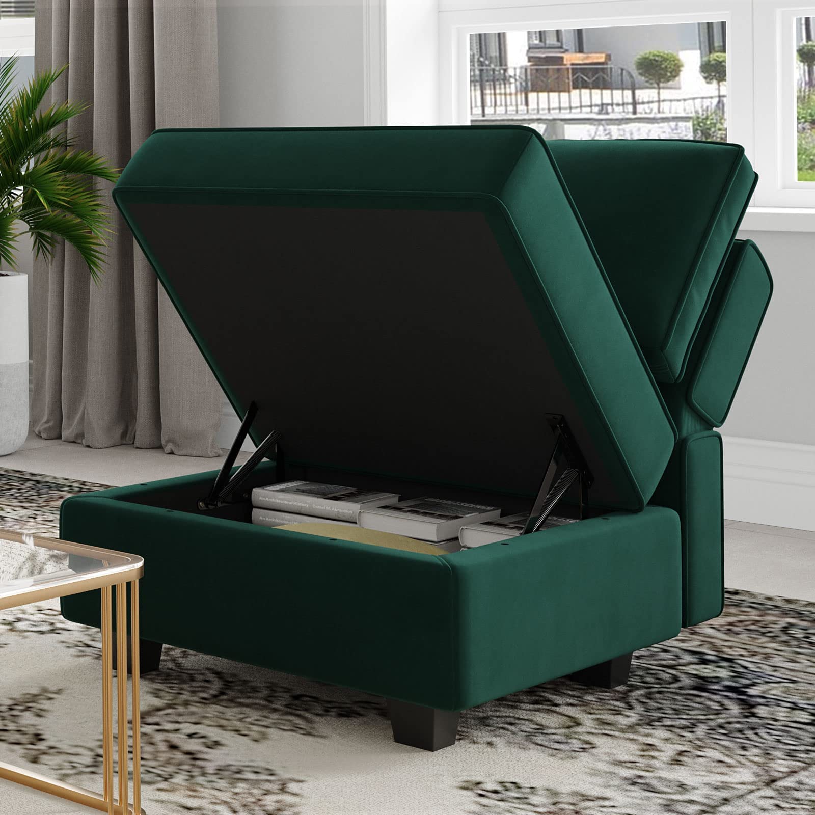 Belffin Velvet Modular Sectional Arm Chair with Storage Seat - Single Club Accent Chair for Apartment, Green - Perfect for Living Room, Lounge & Small Space Decor