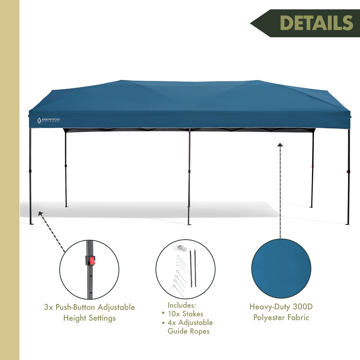 ARROWHEAD OUTDOOR 10’x20’ Pop-Up Canopy Tent - Instant Shelter with 300D Waterproof & UV Resistant Fabric - Easy One Person Setup - Includes Wheeled Carry Bag, Guide Ropes & Stakes - Perfect for Backyard Parties, Camping, Beach & Outdoor Events (Blue, KGS0391U)