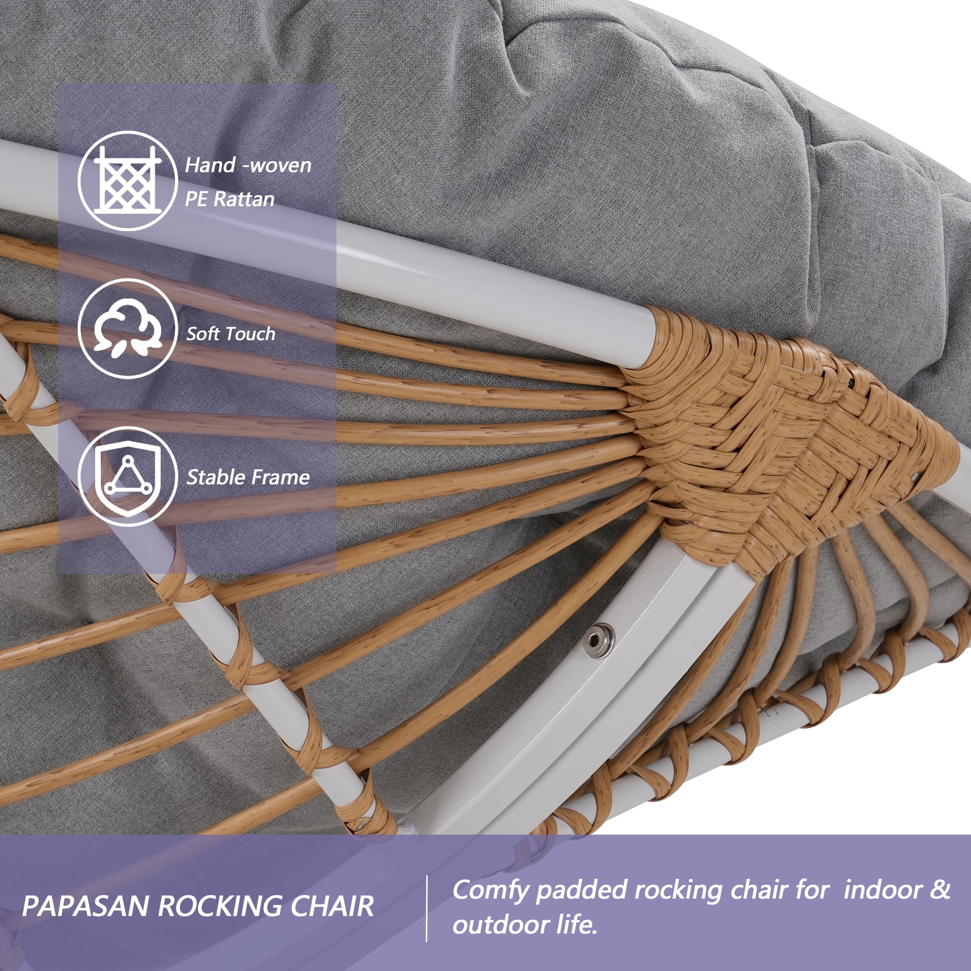 Outdoor Round Rocking Chair - Patio Wicker Egg Chair with Light Gray Padded Cushion | Oversized Comfy Papasan Chair & Royal Rattan Rocker for Living Room, Front Porch, Garden, Balcony | Perfect for Relaxing, Reading & Sunbathing