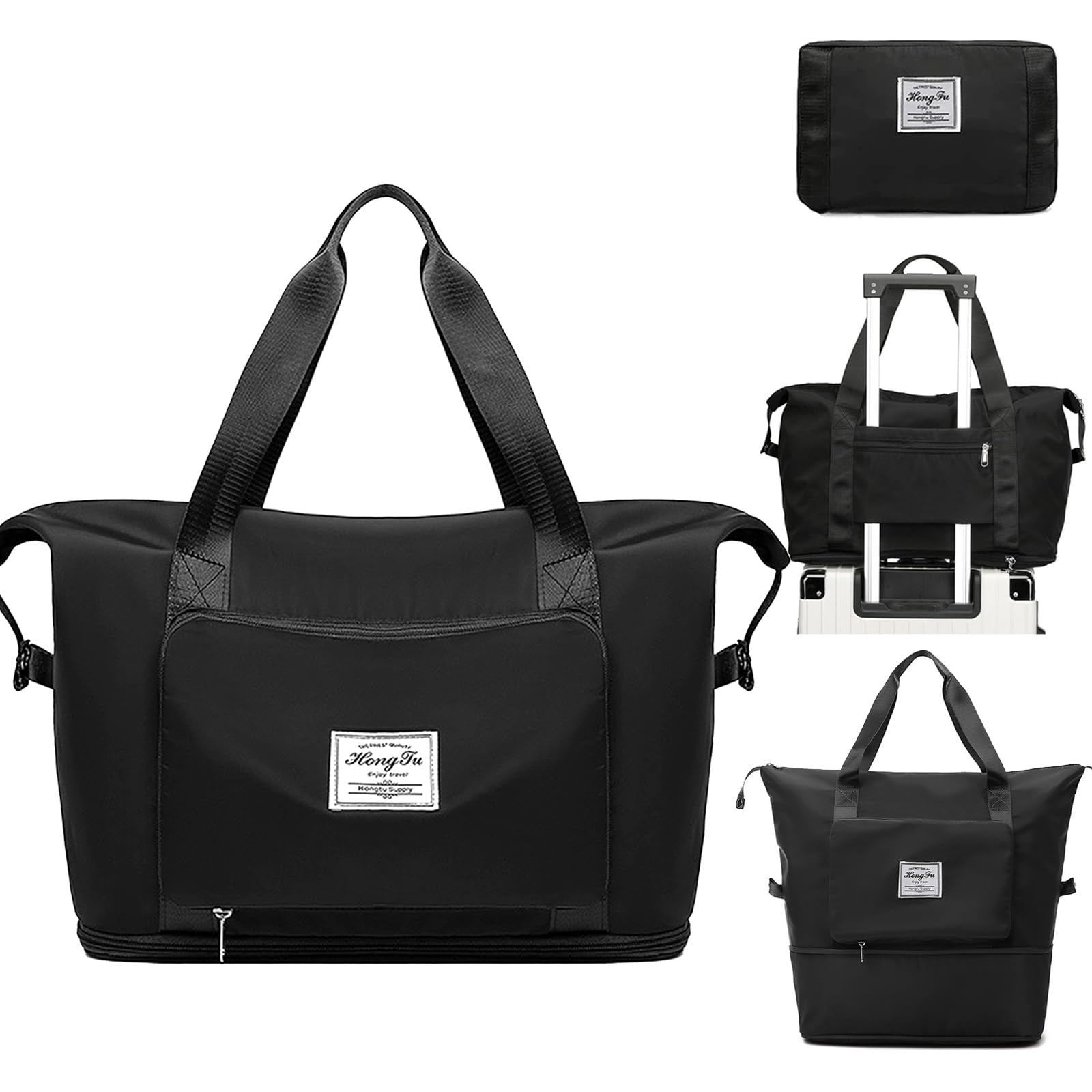 Expandable Travel Duffel Bag for Women - Waterproof Weekender Overnight Bag, Carry On Gym & Sports Tote with Foldable Design (Black) | Perfect for Weekend Getaways, Gym Workouts & Airplane Travel