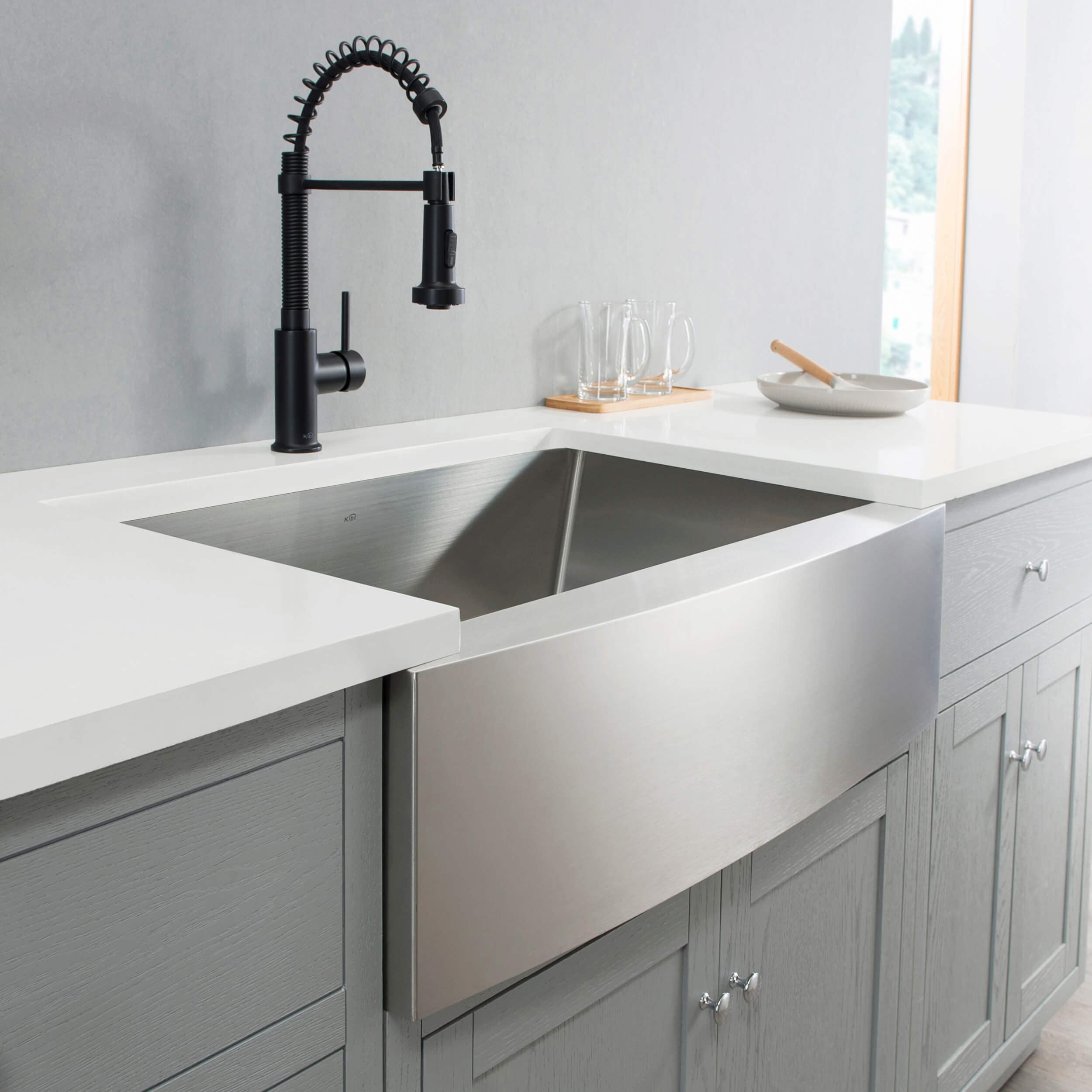 KIBI 30-Inch Farmhouse Kitchen Workstation Sink - Single Bowl Apron Front Stainless Steel Sink with Bottom Grid, Strainer & 10