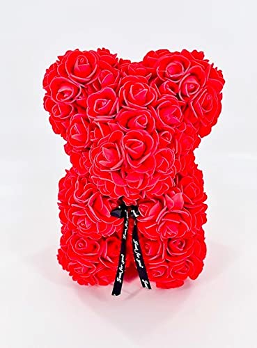 Rose Teddy Bear - 10 Inch Fully Assembled Artificial Flower Bear with 250+ Roses - Valentine's Day, Mother's Day, Anniversary & Bridal Shower Gift in Clear Gift Box (Red) - Perfect for Romantic Surprises, Wedding Decor, and Special Occasion Gifts