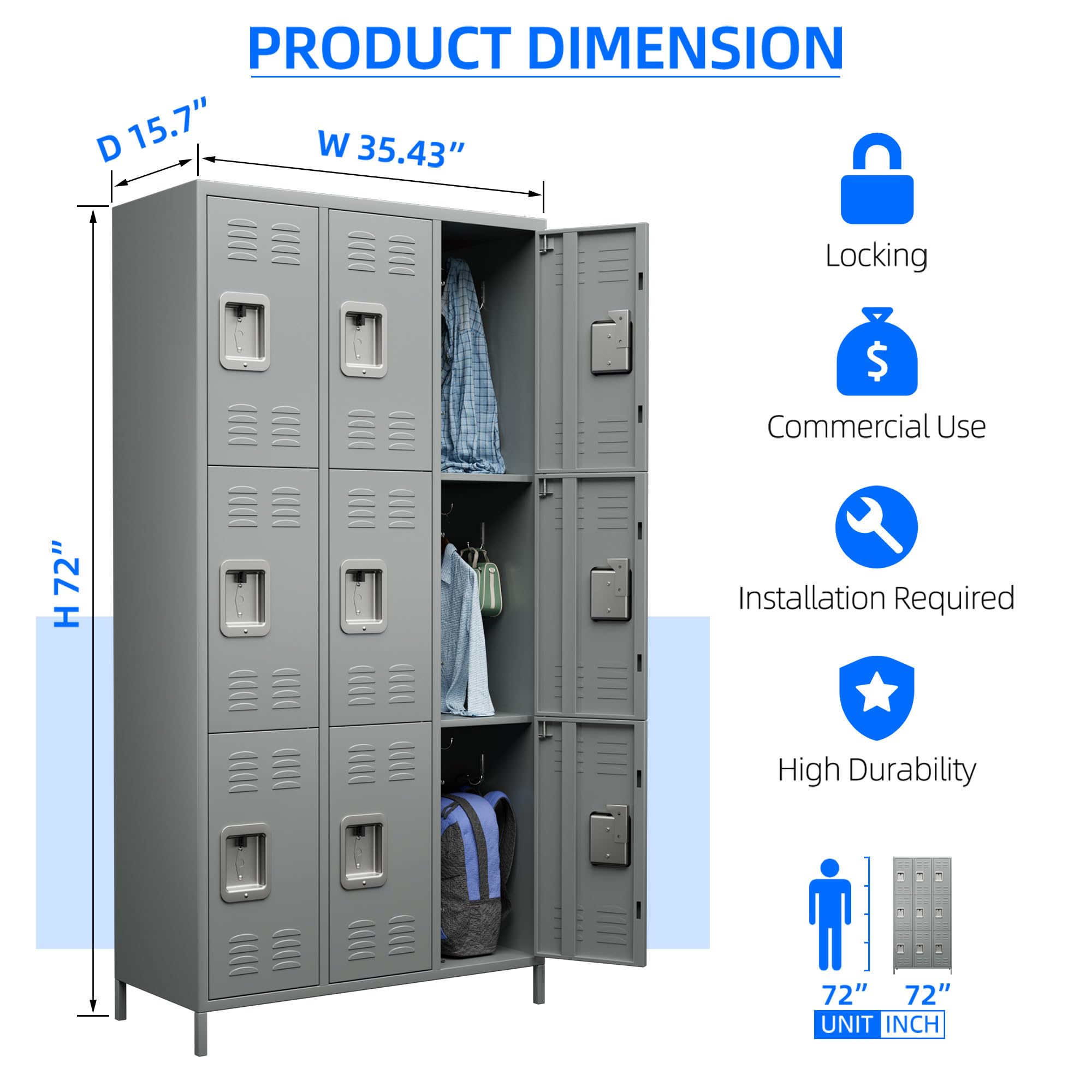 9-Door Metal Lockers with Lock - Heavy Duty Storage Locker for Employees, School, Office, Gym & Garage - Includes 27 Hooks - Light Grey (Assembly Required) - Perfect for Secure Storage in Workplaces, Schools, and Fitness Centers