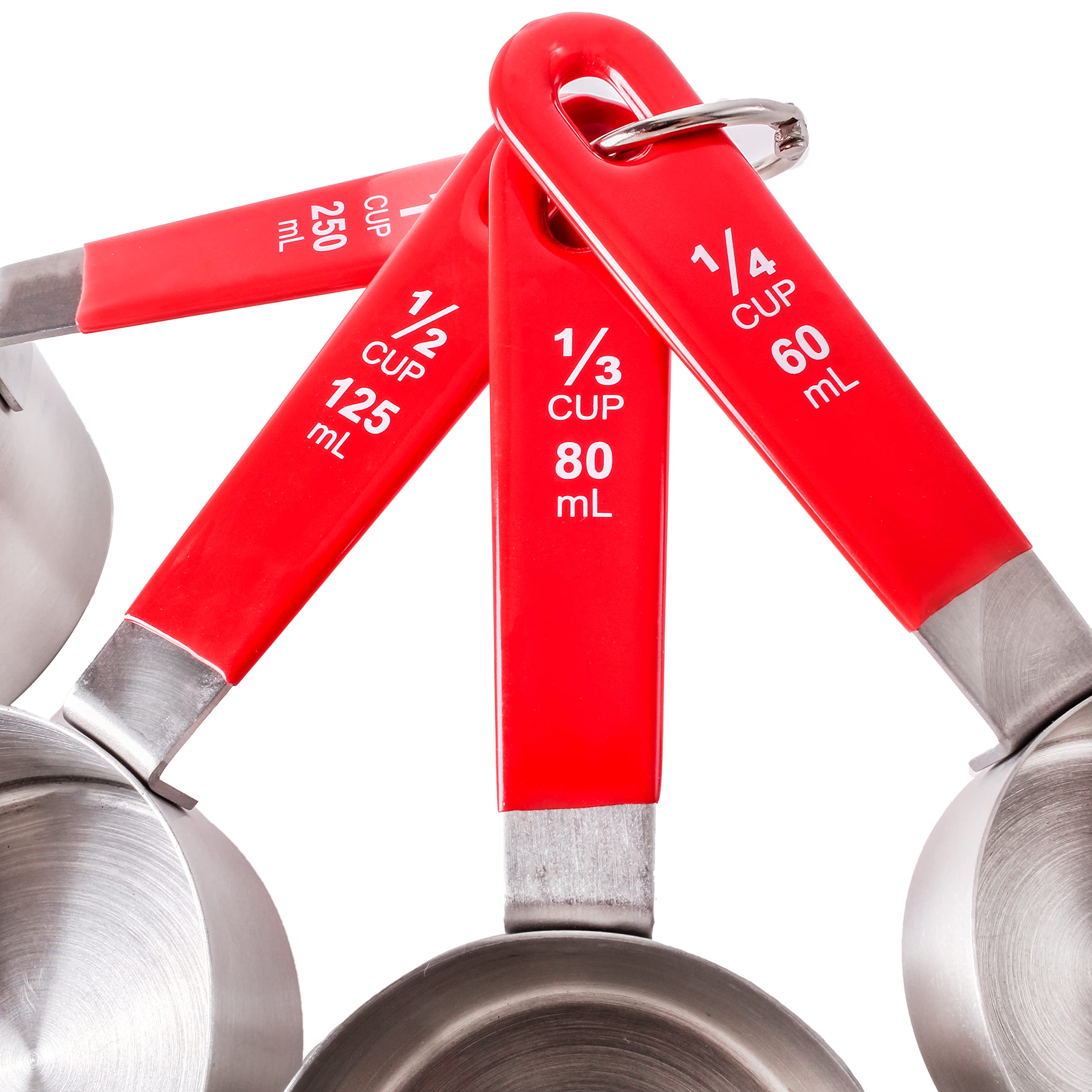 BergHOFF 4-Piece Stainless Steel Measuring Cups Set - Round, Silver & Red, Stackable with Hanging Loop for Baking, Cooking & Kitchen Organization