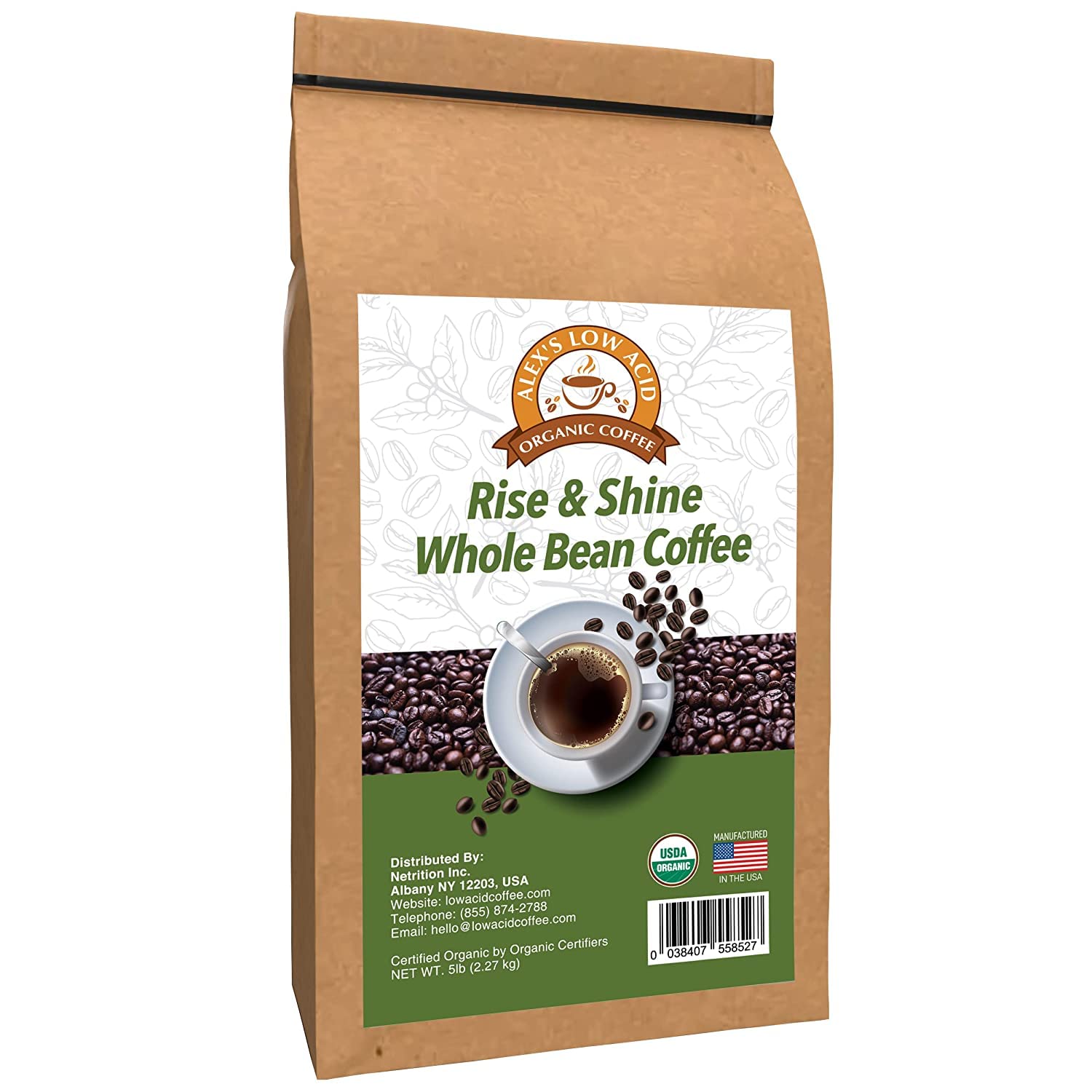 Alex's Low Acid Organic Whole Bean Coffee - 5lb Bag for Gentle Stomach, Rich Flavor | Perfect for Morning Brew, Cold Brew & Sensitive Stomachs