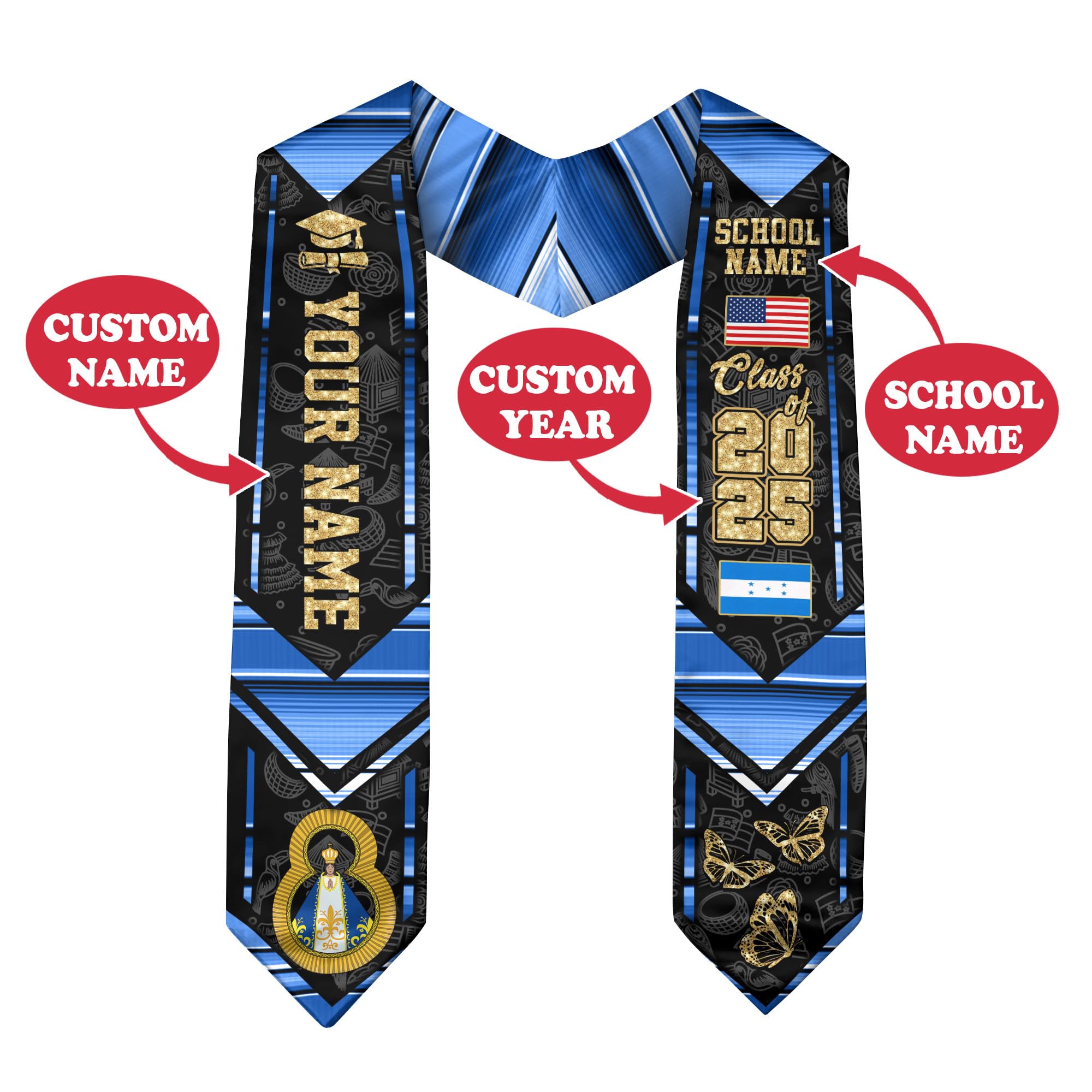 Custom Honduras Graduation Stole with Honduran American Flag Design - Personalized 2025 Graduation Sash for Commencement Ceremonies & Cultural Celebrations
