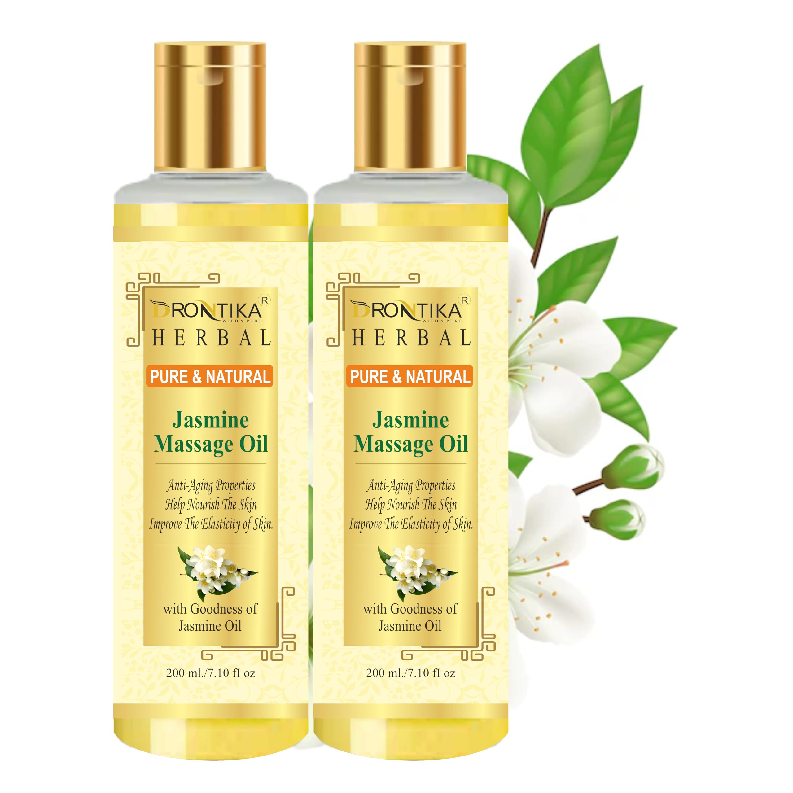 100% Pure Jasmine Massage Oil with Almond, Olive, Jojoba & Sesame Oils + Vitamin E - 200ml | Relaxing Aromatherapy for Spa, Couples & Self-Care | Drontika Herbal