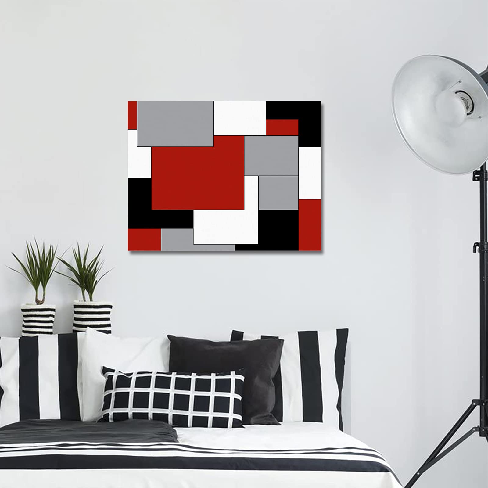 Mid Century Abstract Geometric 3D Framed Canvas Wall Art - Red Gray Black Digital Print Painting for Living Room, Office & Kitchen Decor - 20x24 Inch Modern Home Decoration | Perfect for Contemporary Spaces & Gift Giving