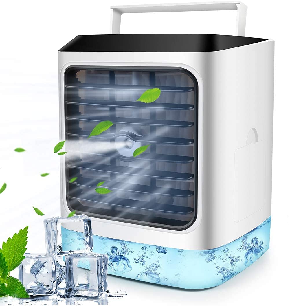 Upgraded 4-in-1 Portable Air Cooler with Evaporative Cooling, 7 LED Lights, Air Purifier & Humidifier - 3-Speed USB Desktop Fan for Home, Office, Bedroom & Dorm - Personal Space Cooler for Summer, Indoor Use & Small Rooms