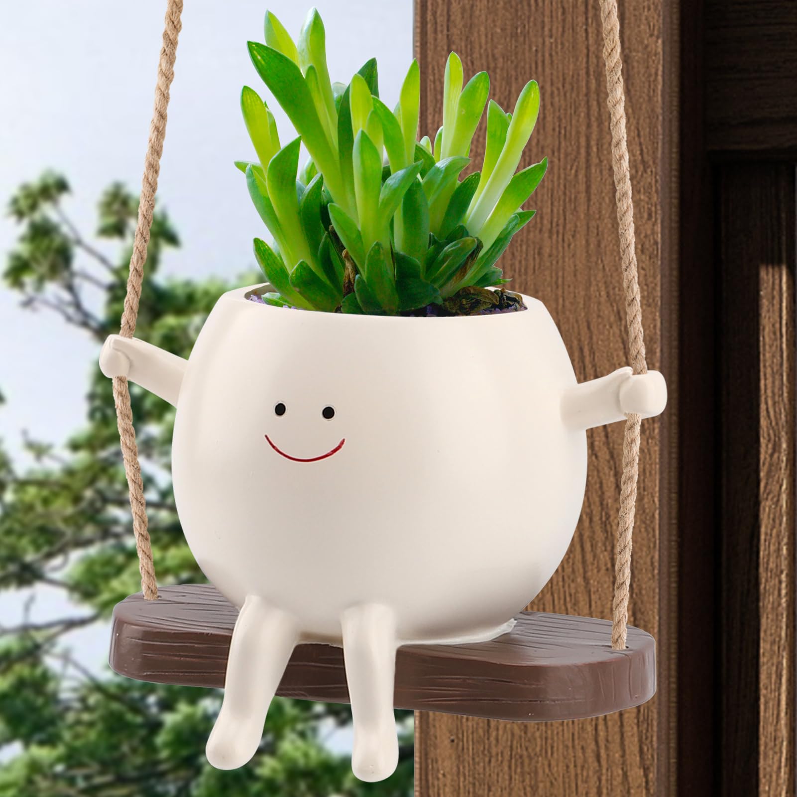 Smiley Face Hanging Planter Pot - Glossy Indoor/Outdoor Flower Pot for Succulents, String of Pearls & Plants | Cute Swing Planter for Home Decor, Garden, Balcony & Patio