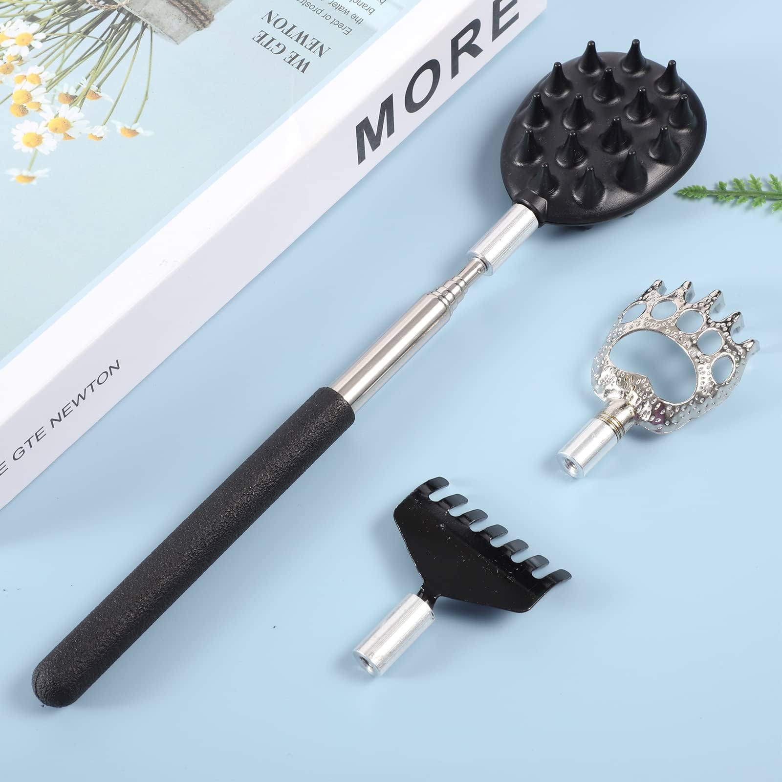 3Pcs Detachable Head Back Scratcher for Men & Women - Adjustable Telescoping Bear Claw & Rake Dual-Sided Design with Muscle Relief - Perfect for Back Itching, Massage & Relaxation at Home/Office/Travel (Black & Silver)
