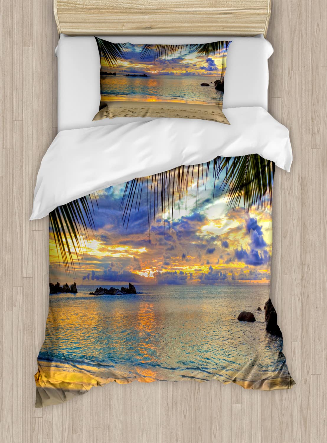 Ambesonne Tropical Duvet Cover Set - Exotic Beach Sunset Hawaii Palm Trees Nature Photography Bedding | 2-Pack Twin Size Orange | Perfect for Beach House, Vacation Rental & Summer Bedroom Decor
