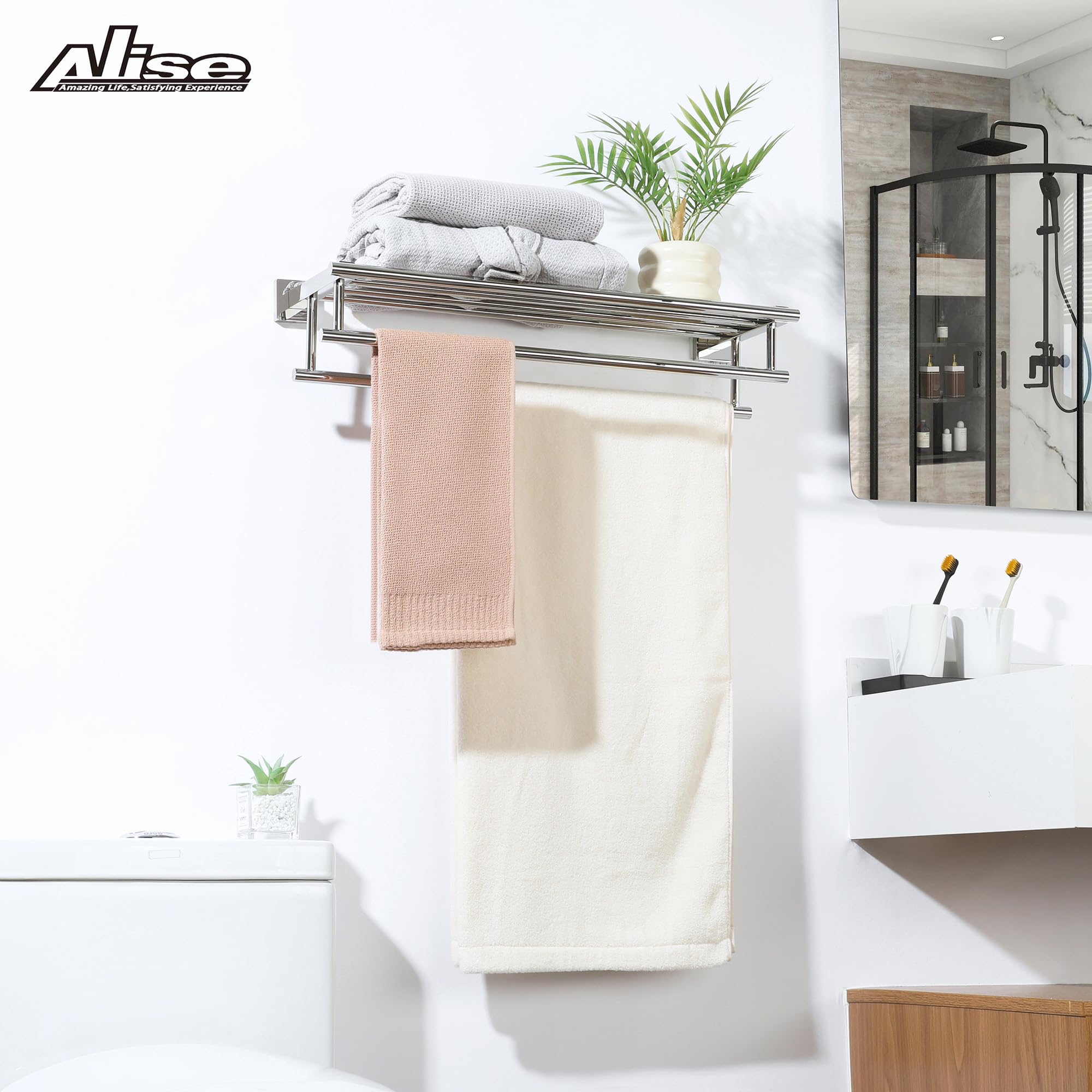 Stainless Steel Towel Rack 24 Inch - Double Towel Bars Wall Mounted Bathroom Organizer, SUS 304 Polished Chrome Towel Holder for Lavatory & Shower - Perfect for Spa, Hotel & Home Bathroom Storage