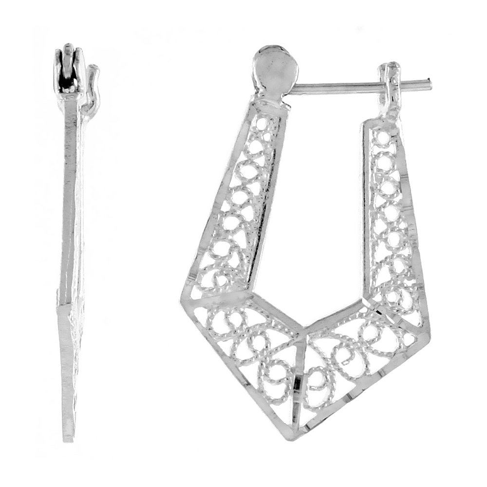 Sterling Silver Filigree Hoop Earrings with Snap-down Post - 1 1/8 Inch Dainty Jewelry for Women - Perfect for Weddings, Parties & Everyday Wear