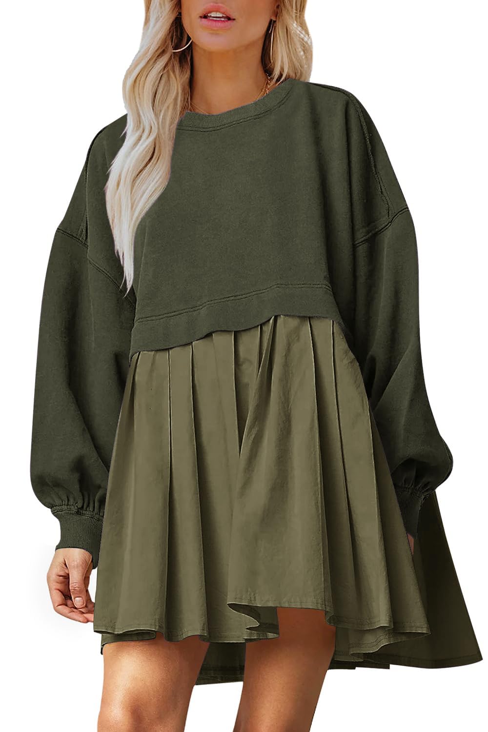 Women's Oversized Patchwork Sweatshirt Dress - Long Sleeve Crew Neck Pullover Mini Dress | Flowy Loungewear for Casual Outings, Coffee Dates & Fall Layering