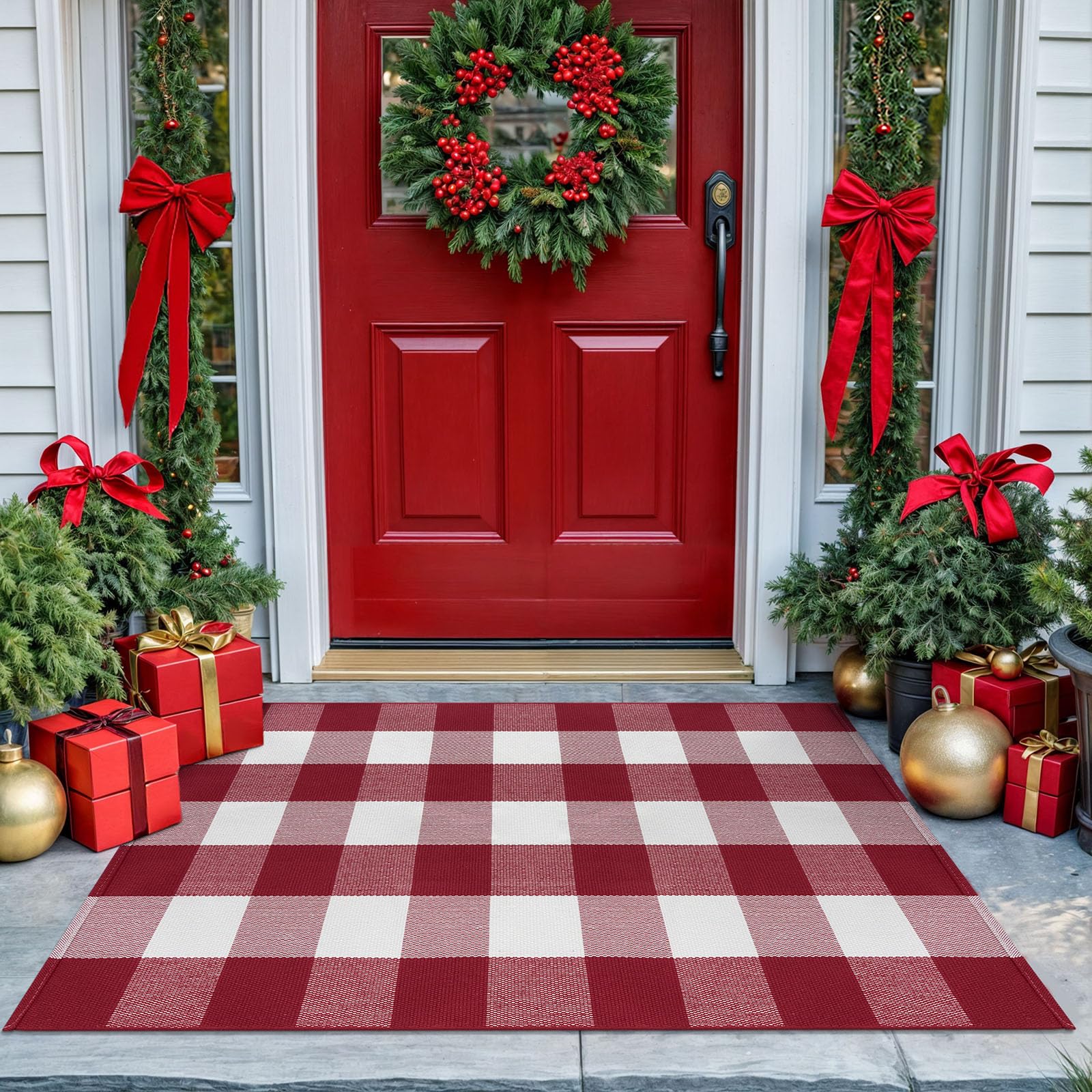 KOZYFLY Buffalo Plaid Rug 27.5x43 Inches - Red and White Checkered Cotton Washable Area Rug for Christmas, Halloween & Fall Decor - Perfect for Front Porch, Entryway, Outdoor Entrance & Indoor Use