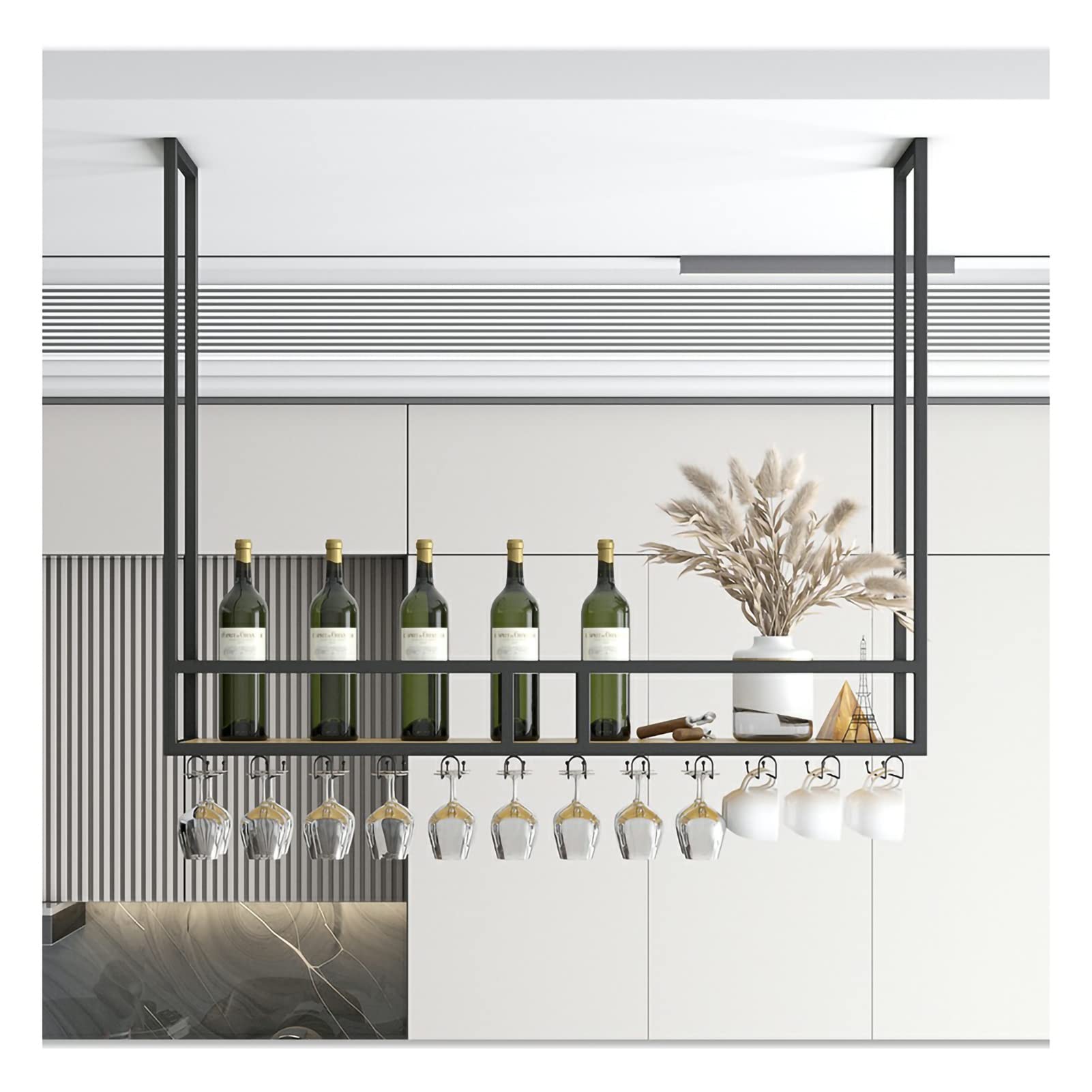Black Metal Ceiling Mount Wine Rack with Stemware Glass Shelf - Space-Saving Hanging Bottle Storage for Kitchen, Bar, Restaurant & Home Decor - Perfect for Under Cabinet Installation & Wine Display