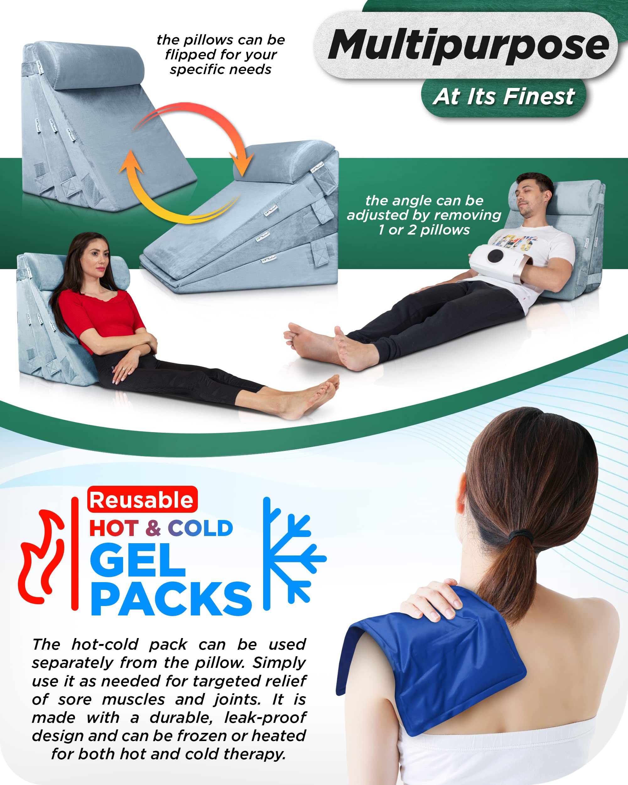 5pcs Orthopedic Bed Wedge Pillow Set for Back, Leg & Knee Pain Relief - Post Surgery Memory Foam Pillows with Hot/Cold Pack - Adjustable Support for Sleeping, Acid Reflux & GERD - Perfect for Home Recovery & Comfort (Gray)