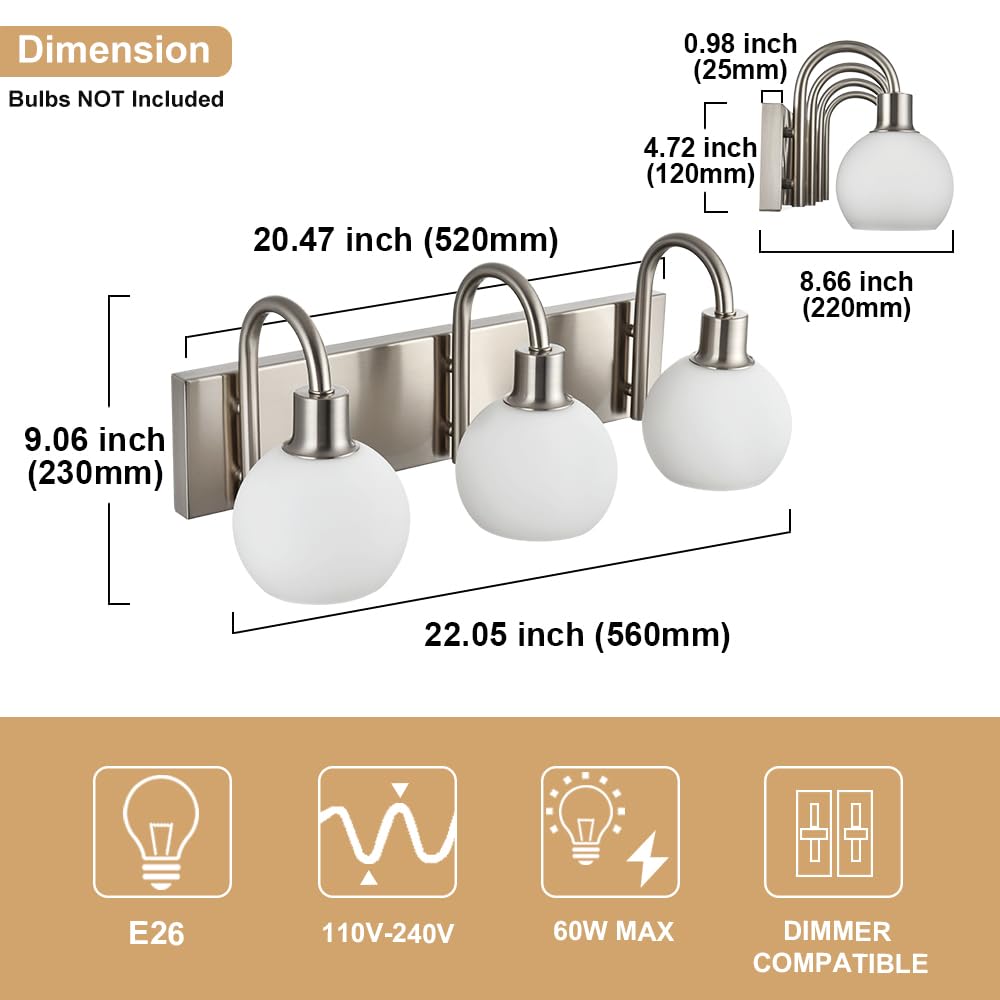 20.4 Inch Modern Bathroom Vanity Light Fixture - 3-Light Brushed Nickel with Milk White Globe Glass - Perfect for Bathroom, Over Mirror, Sink, Hallway & Bedroom Lighting