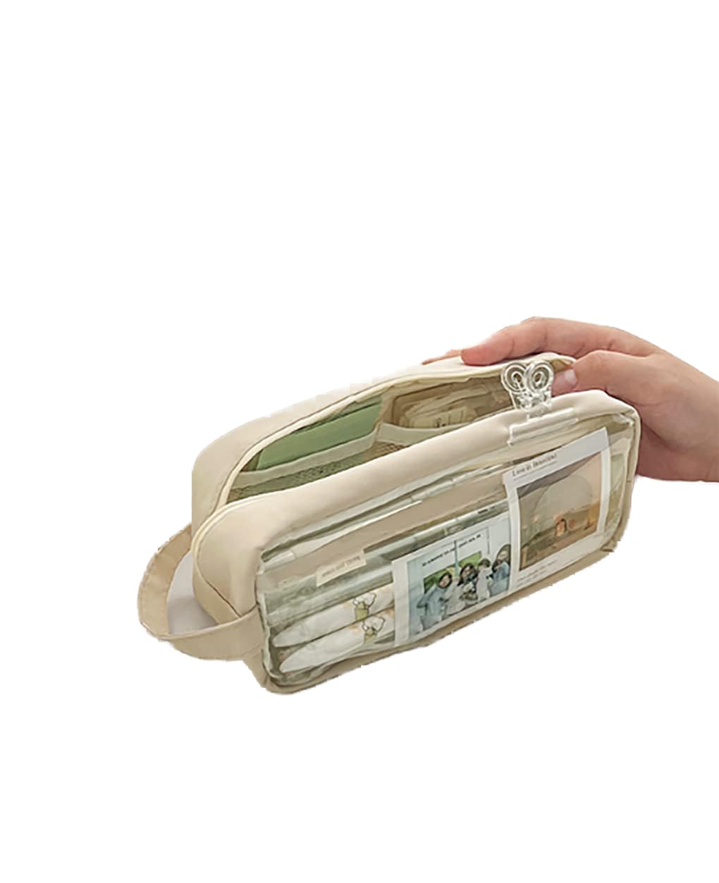 **Kawaii Aesthetic Clear Pencil Case for School - Cute Transparent Pencil Pouch for Teen Girls & Students - Perfect for Organizing Pens, Markers & Art Supplies (Cream)**    *(Ideal for School, College, Office & Travel - Stylish & Functional Stationery Accessory)*