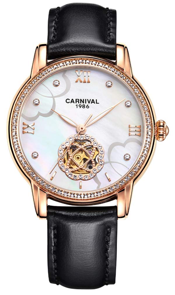 Elegant Mother of Pearl Dial Women's Mechanical Watch with Genuine Leather Band - Perfect for Business, Party & Everyday Wear