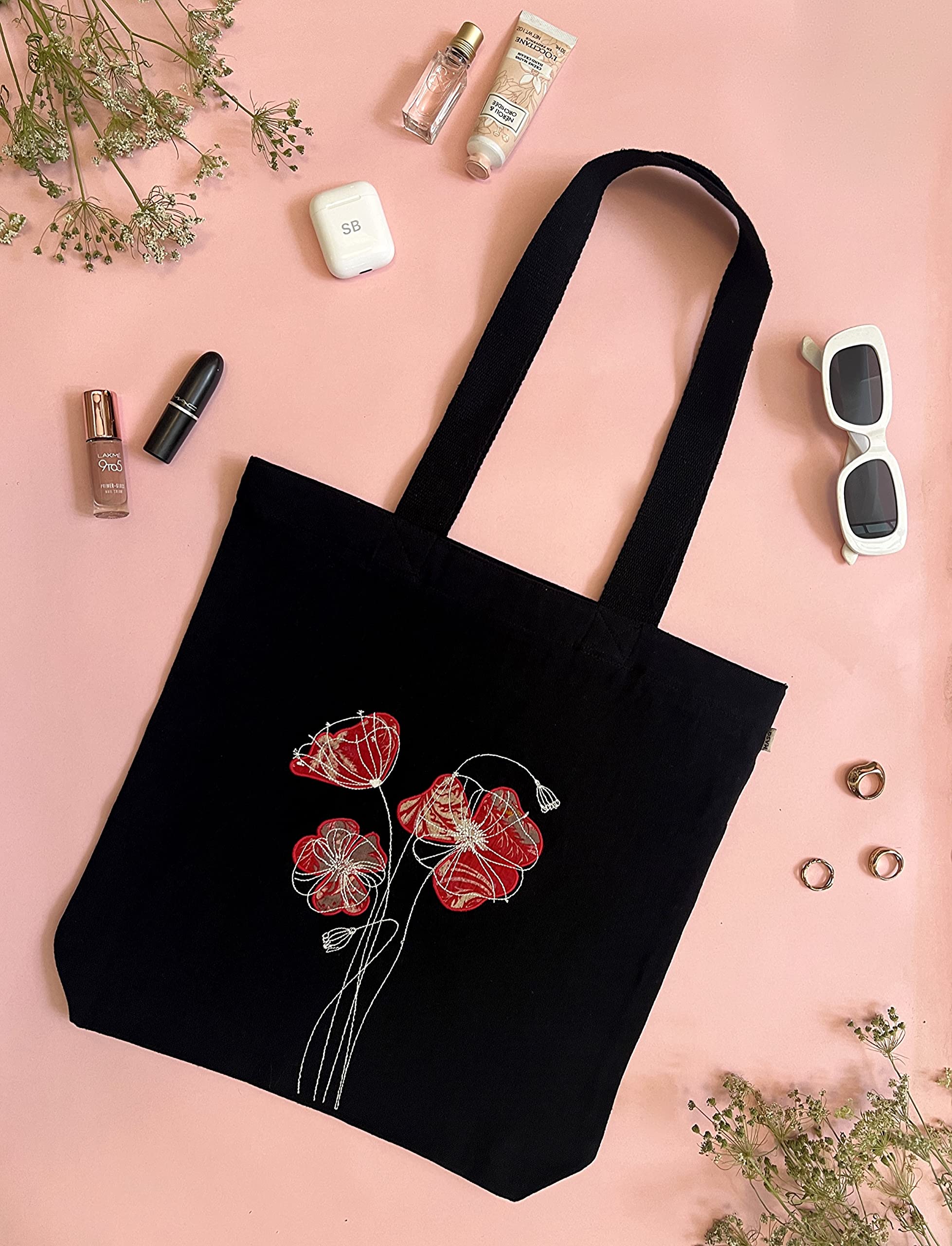 MASQ Women & Girls' Embroidered Canvas Zip Tote Bag - 100% Organic Cotton Eco-Friendly Reusable Shopping Bag | Stylish Work, College, Travel & Casual Purse | Perfect Affordable Gift for Birthday, Mother's Day & Everyday Use
