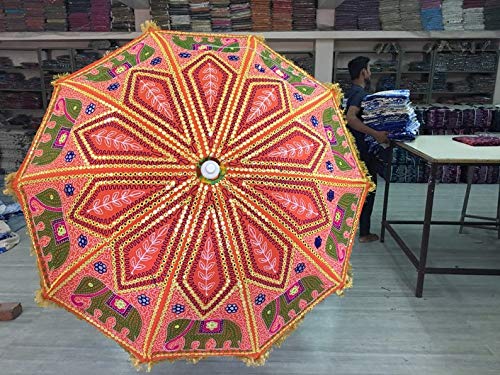 Handmade Indian Elephant Boho Umbrella - Cotton Embroidered UV Protection Sun Parasol for Beach, Wedding & Bohemian Decor | Hippie Gypsy Style (Red Embroidery)