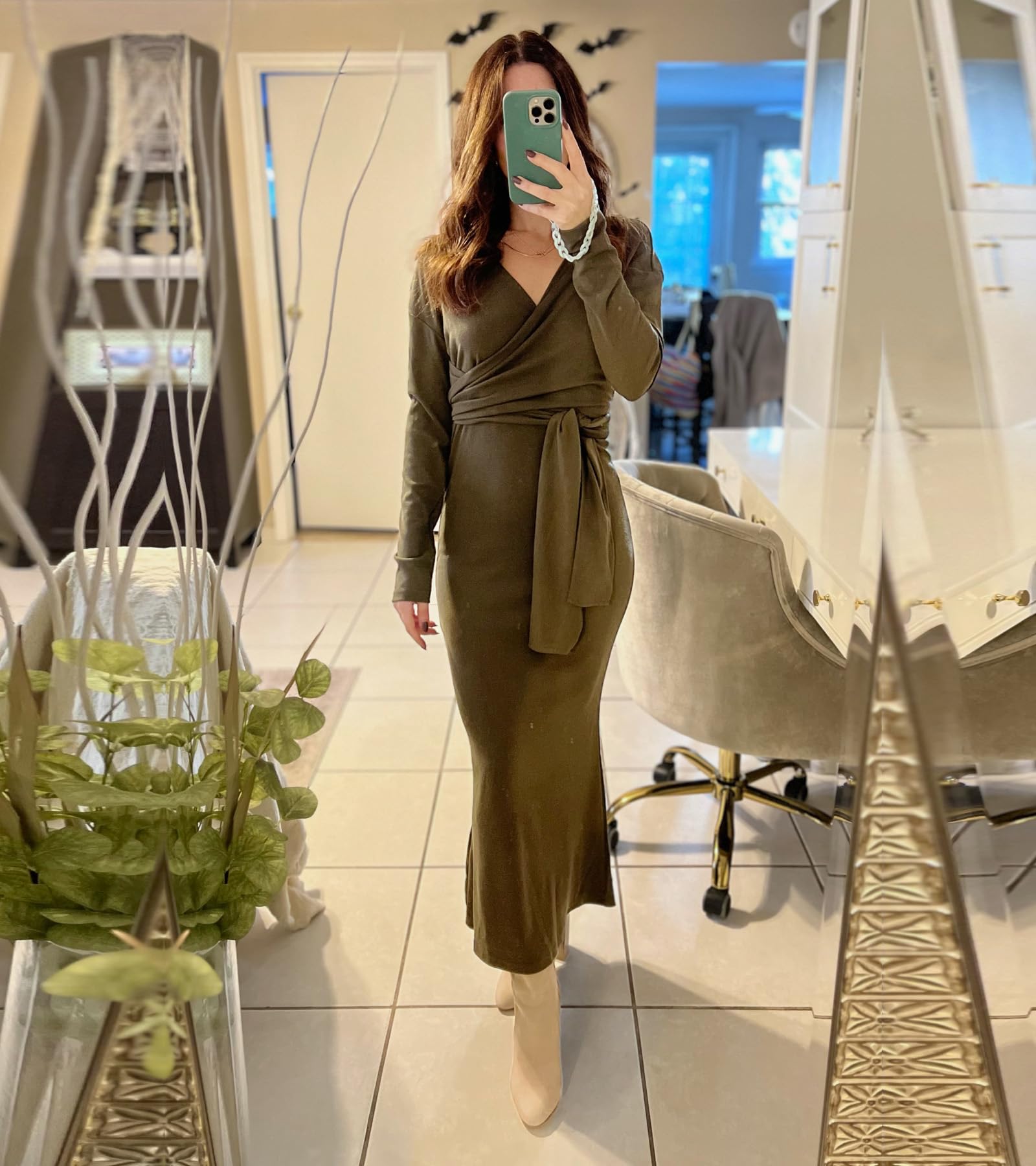 Happy Sailed Women's Knit Dress - Spring Long Sleeve Wrap V-Neck Tie Waist Ribbed Sweater Dress for Work, Date Night & Casual Outings