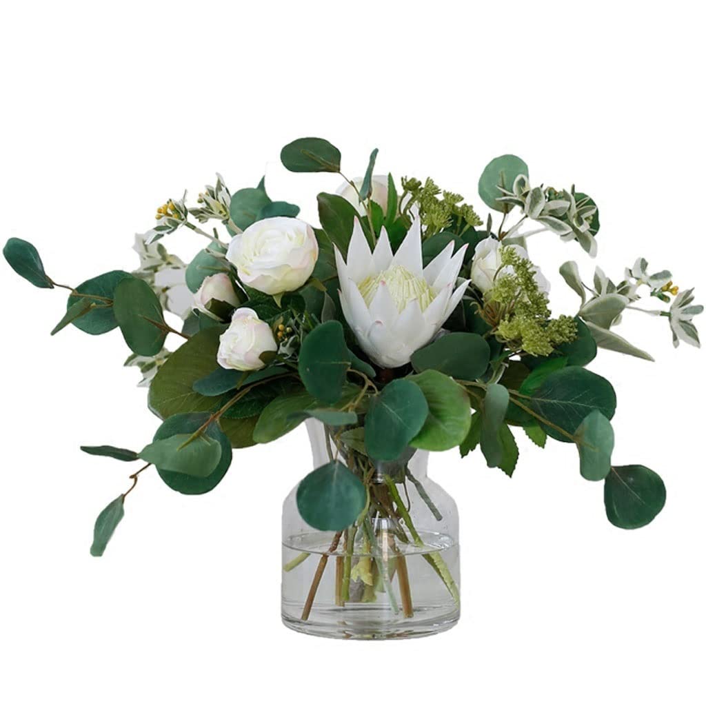 Artificial Silk Rose Bouquet - Realistic White Fake Flowers for Home, Office, Wedding Decor - Perfect for Living Room, Hotel, and Table Centerpiece Arrangements in Glass Vase (Color: White)