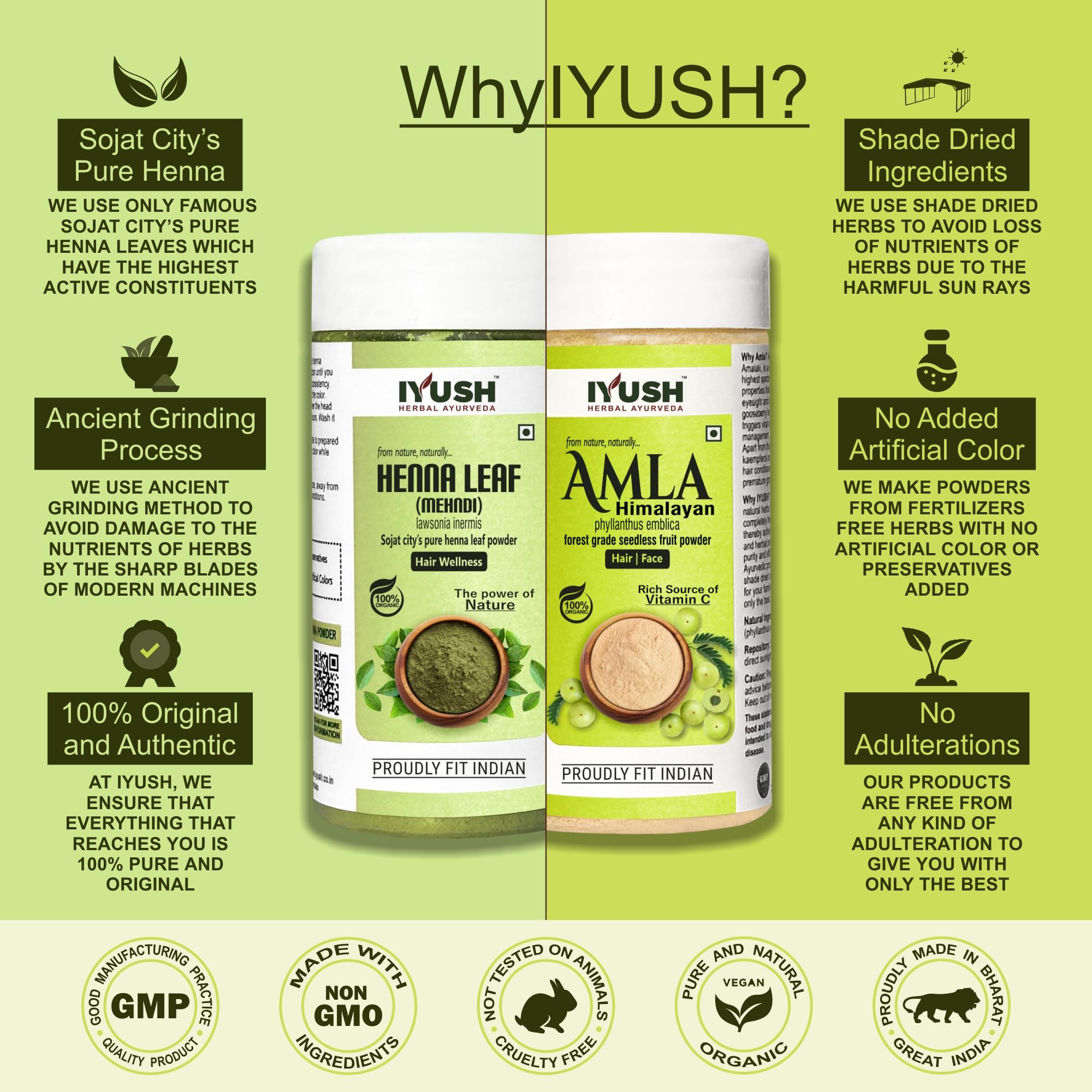 IYUSH Herbal Ayurveda Amla Powder & Henna Powder for Natural Hair Color – 200g | Chemical-Free Hair Dye | Herbal Hair Treatment for Volume & Growth | Perfect for DIY Hair Masks & Ayurvedic Hair Care Routines