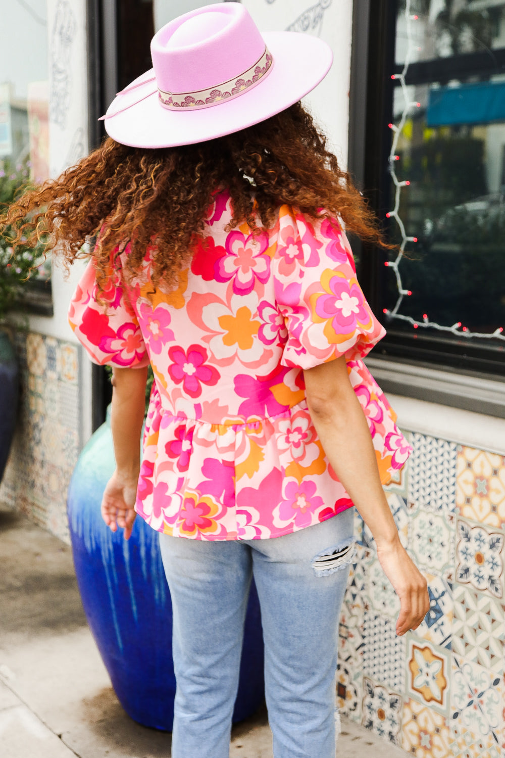 Pink & Yellow Floral Frill Balloon Short Sleeve Blouse - Romantic Spring Summer Tops for Date Night & Casual Outings