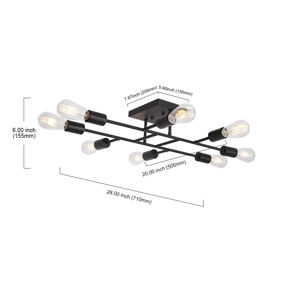 Modern Black Sputnik Chandelier - 8-Light Semi Flush Mount Ceiling Fixture for Kitchen, Bedroom, Dining & Living Room | Mid-Century Lighting for Home Decor & Interior Design