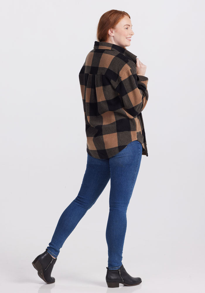 Sawyer Shacket - Camel Checkered Flannel Shirt Jacket for Men & Women | Cozy Fall & Winter Layering | Outdoor Hiking, Camping, Casual Wear