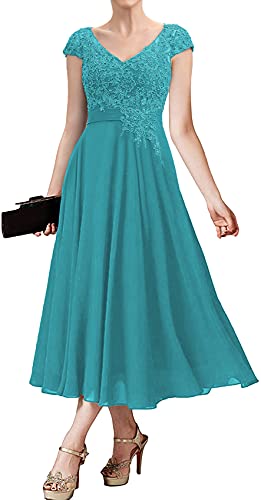 Elegant Chiffon Mother of The Bride Dress with Lace Detail - Tea Length Evening Gown for Wedding Guest - Perfect for Formal Occasions, Ceremonies & Special Events