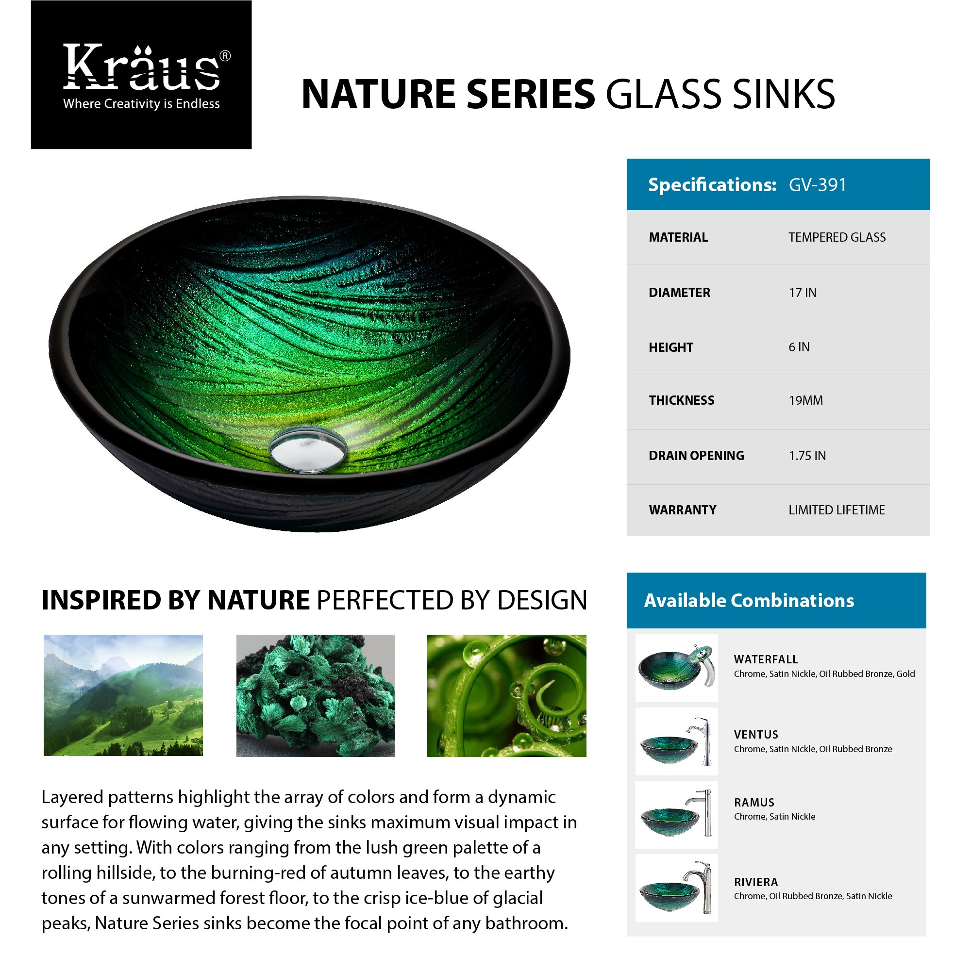 KRAUS Modern Green Glass Vessel Bathroom Sink with Chrome Ramus Faucet - Perfect for Contemporary Home, Hotel, and Spa Bathroom Decor