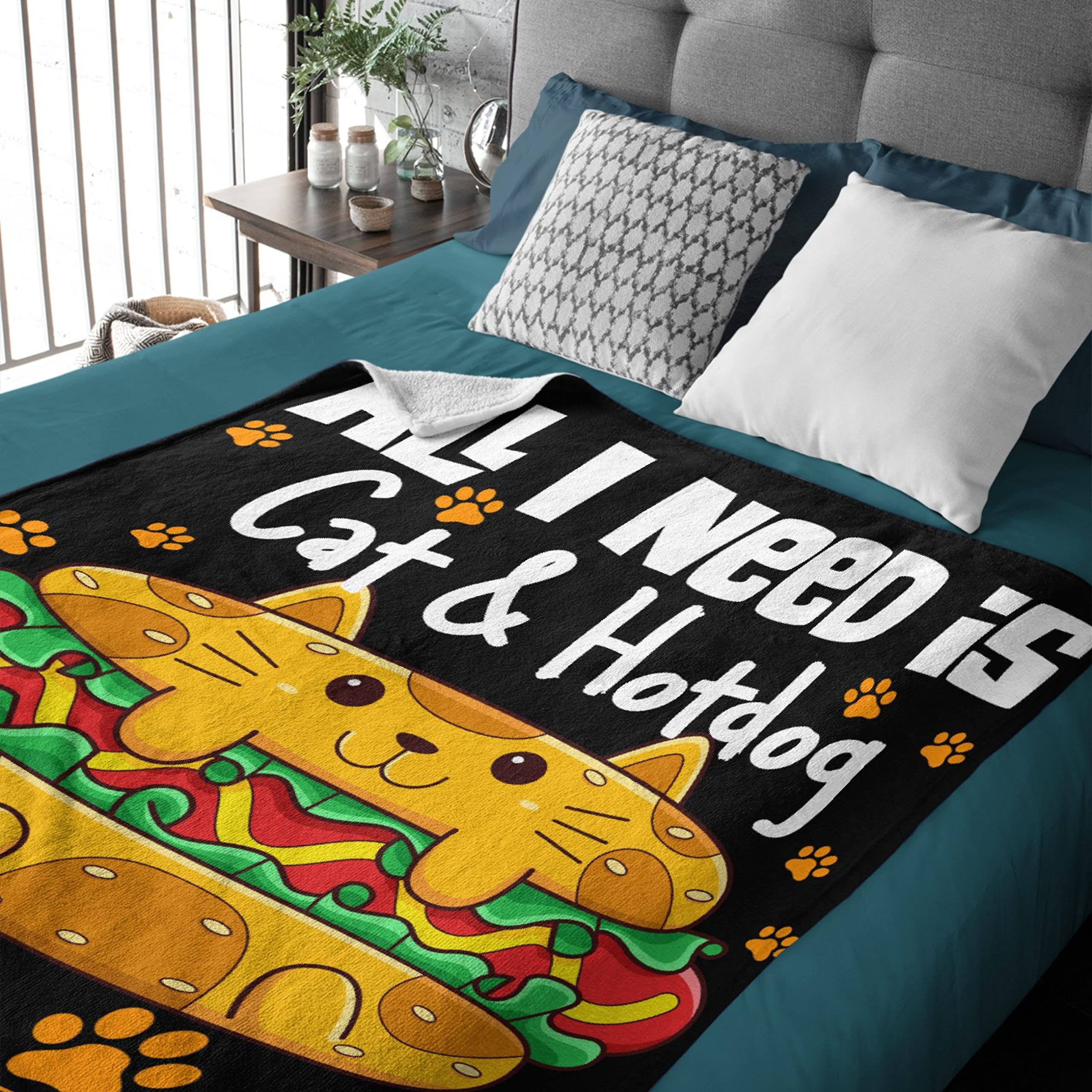 Soft Flannel Fleece Hotdog & Cat Blanket - Oversized 120x90 Inch Plush Throw for Girls & Boys - Cute Anime Gift for Bed, Couch, and Movie Nights - Lightweight & Cozy Home Decor