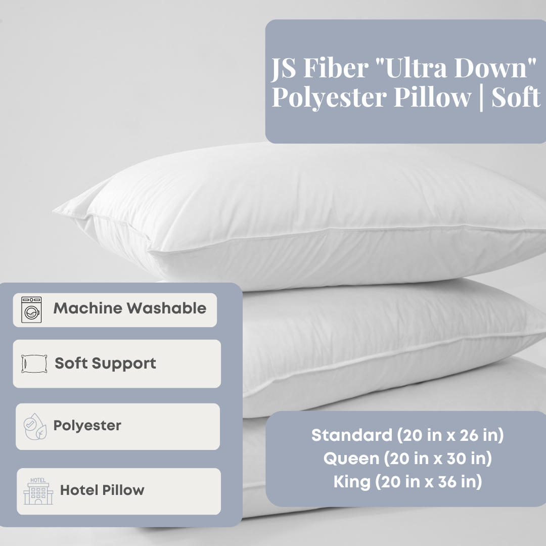 Ultra Soft JS Fiber Down Alternative Polyester Pillow - Hypoallergenic & Supportive for Side, Back & Stomach Sleepers - Perfect for Bedroom, Guest Room & Travel