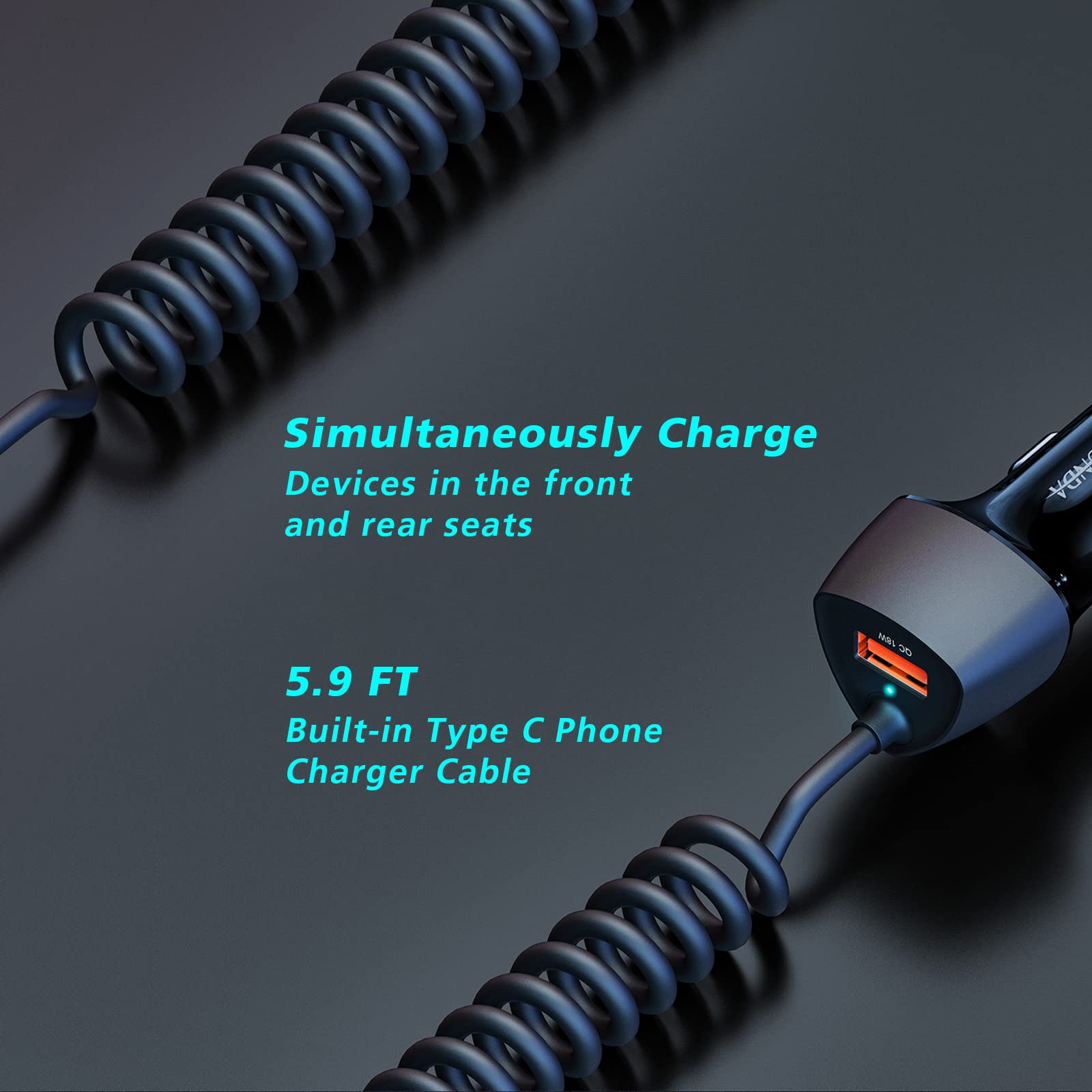 SUNDA 51W USB C Fast Car Charger with 5.9FT Type C Cable - Dual Port PPS 33W/PD 30W/QC 18W - Compatible with Samsung Galaxy S22/S21/A12/A20/A51/Note22 - Perfect for Road Trips & Daily Commute Charging
