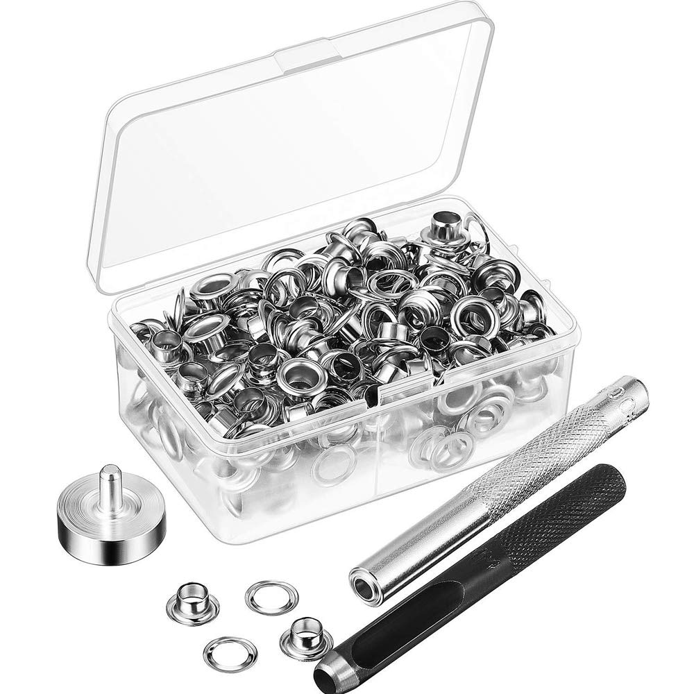 Qtopun 100 Sets 1/4 Inch Grommet Eyelet Kit with 3-Piece Installation Tool & Storage Box - Perfect for DIY Crafts, Leatherworking, Fabric Projects and Home Repairs