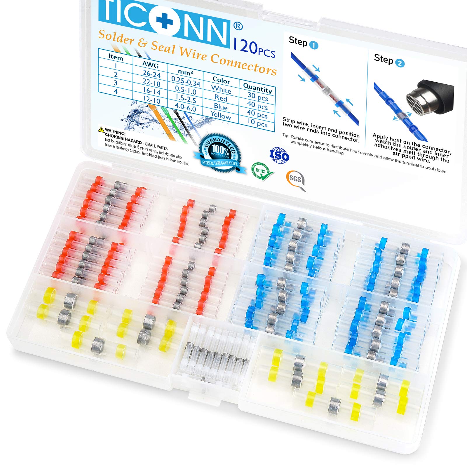 TICONN 120PCS Waterproof Heat Shrink Solder Seal Wire Connectors - Insulated Electrical Butt Splice Terminals for Automotive, Marine & Home Wiring Repairs