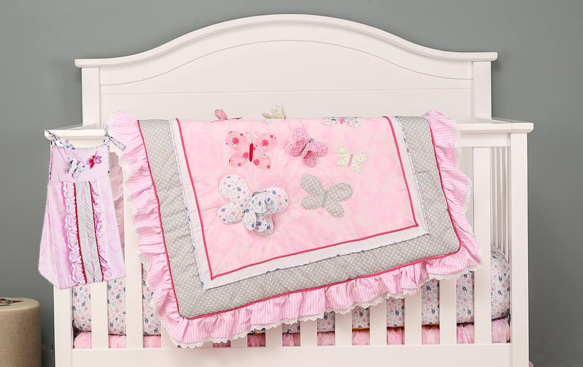 3-Piece Pink Embroidery Butterfly Nursery Crib Bedding Set - Hot Pink Baby Girl 3D Butterfly Quilt, Fitted Sheet & Diaper Storage Bag (28