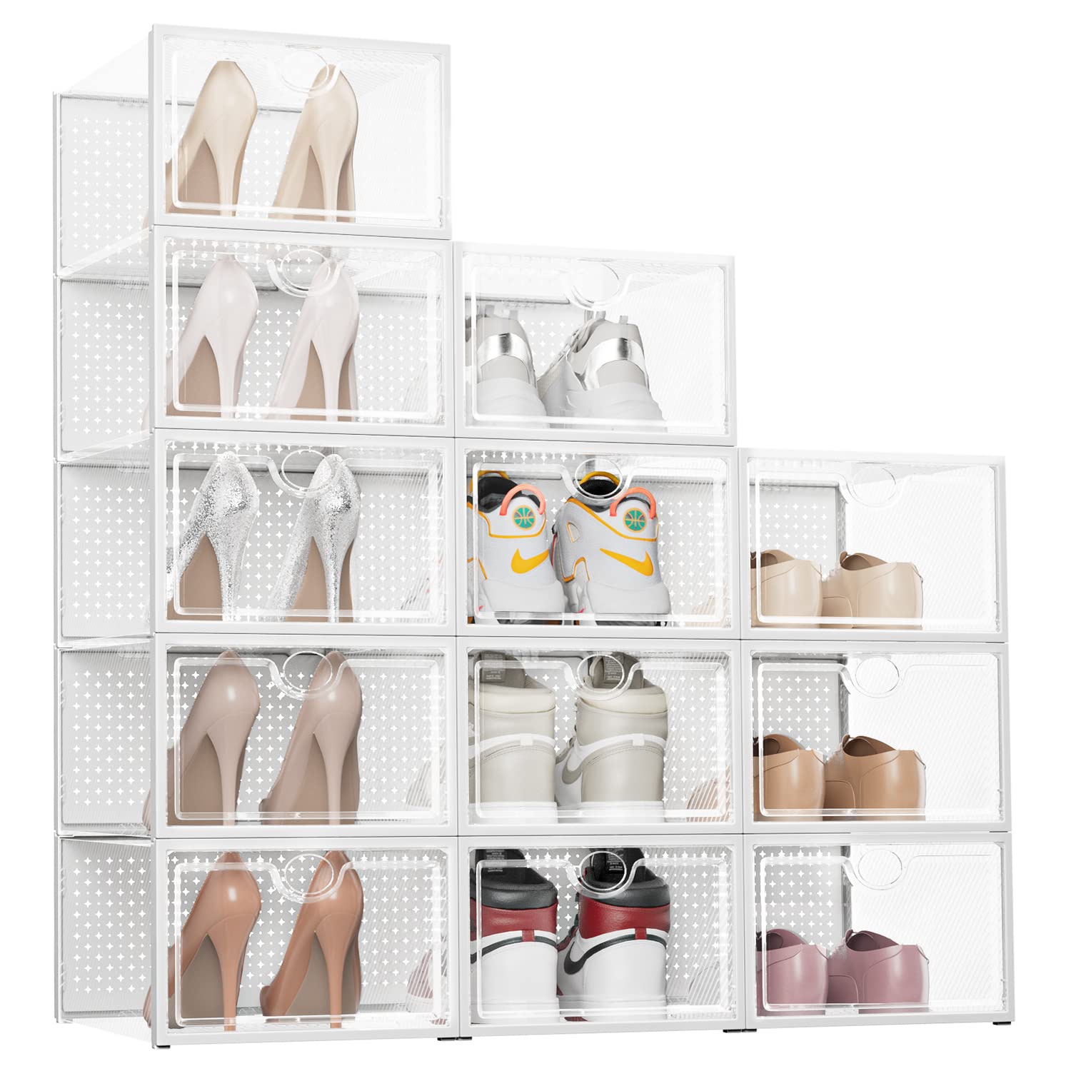 Clear Stackable Shoe Boxes 12-Pack - Foldable Sneaker Storage for Size 12 | Closet Organization