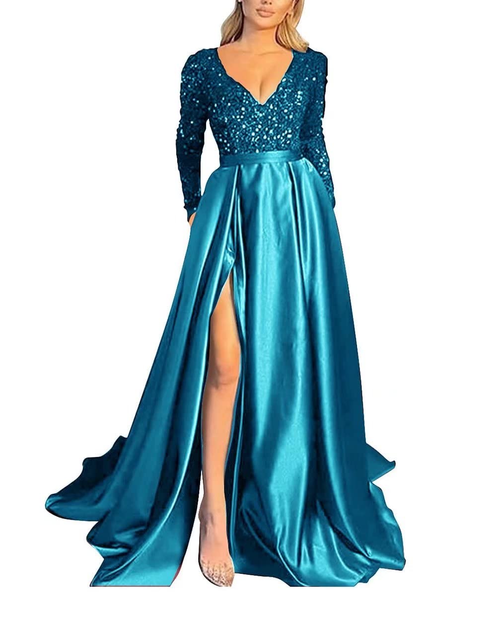 Sparkling Women's Long Sleeve Prom Dress with Pockets - Elegant Lace-up V-Neck Satin Formal Gown for Homecoming, Evening Parties & Special Occasions