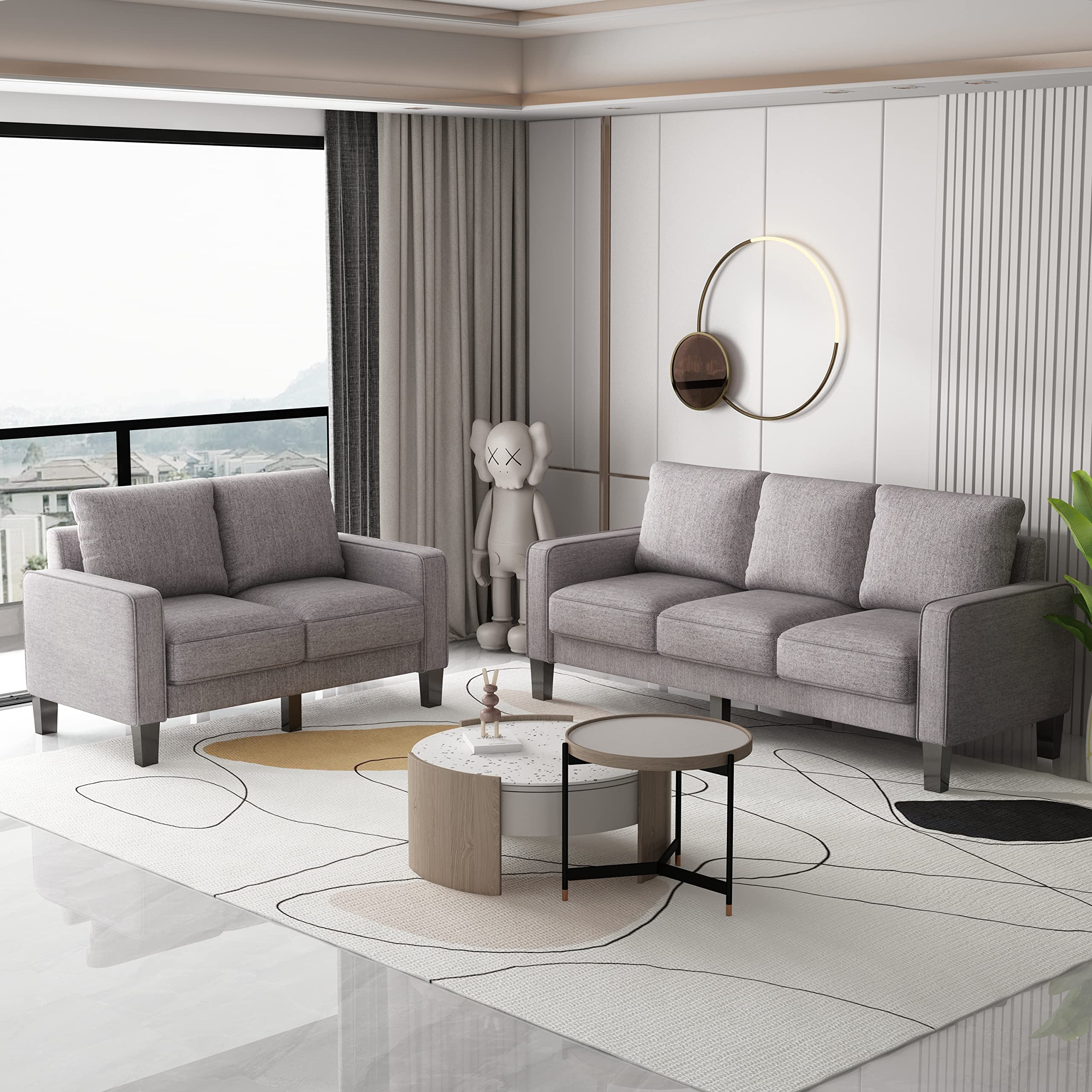 Modern 3-Seater Sectional Sofa Set with Storage - Light Grey Fabric Couch & Loveseat for Living Room, Apartment | Space-Saving Comfortable Seating Solution for Small Spaces & Family Gatherings