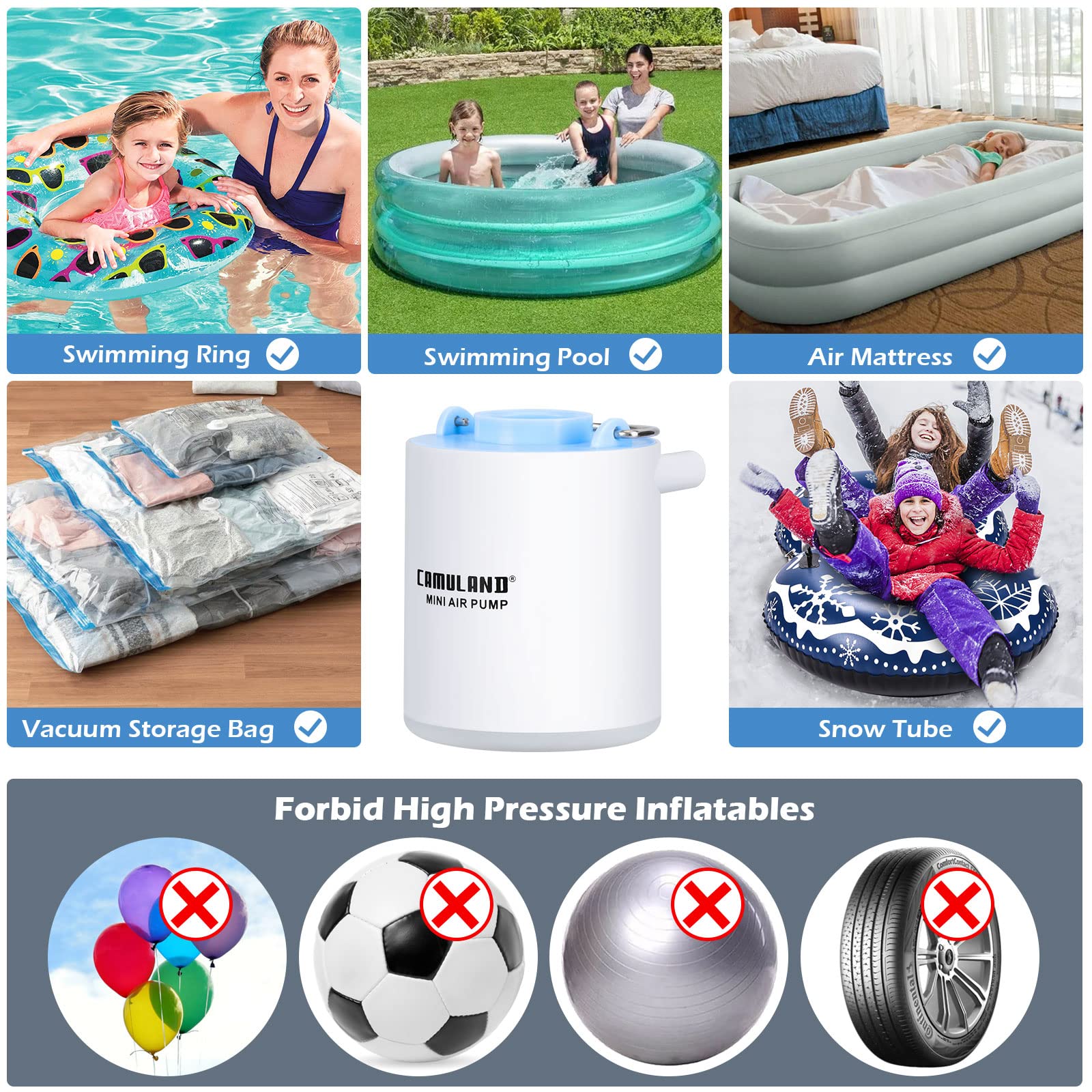 CAMULAND Mini Air Pump - Portable USB Rechargeable Inflator with 1300mAh Battery & 5 Nozzles - for Air Mattress, Pool Floats, Vacuum Storage Bags - Perfect for Camping, Travel, and Home Storage Organization