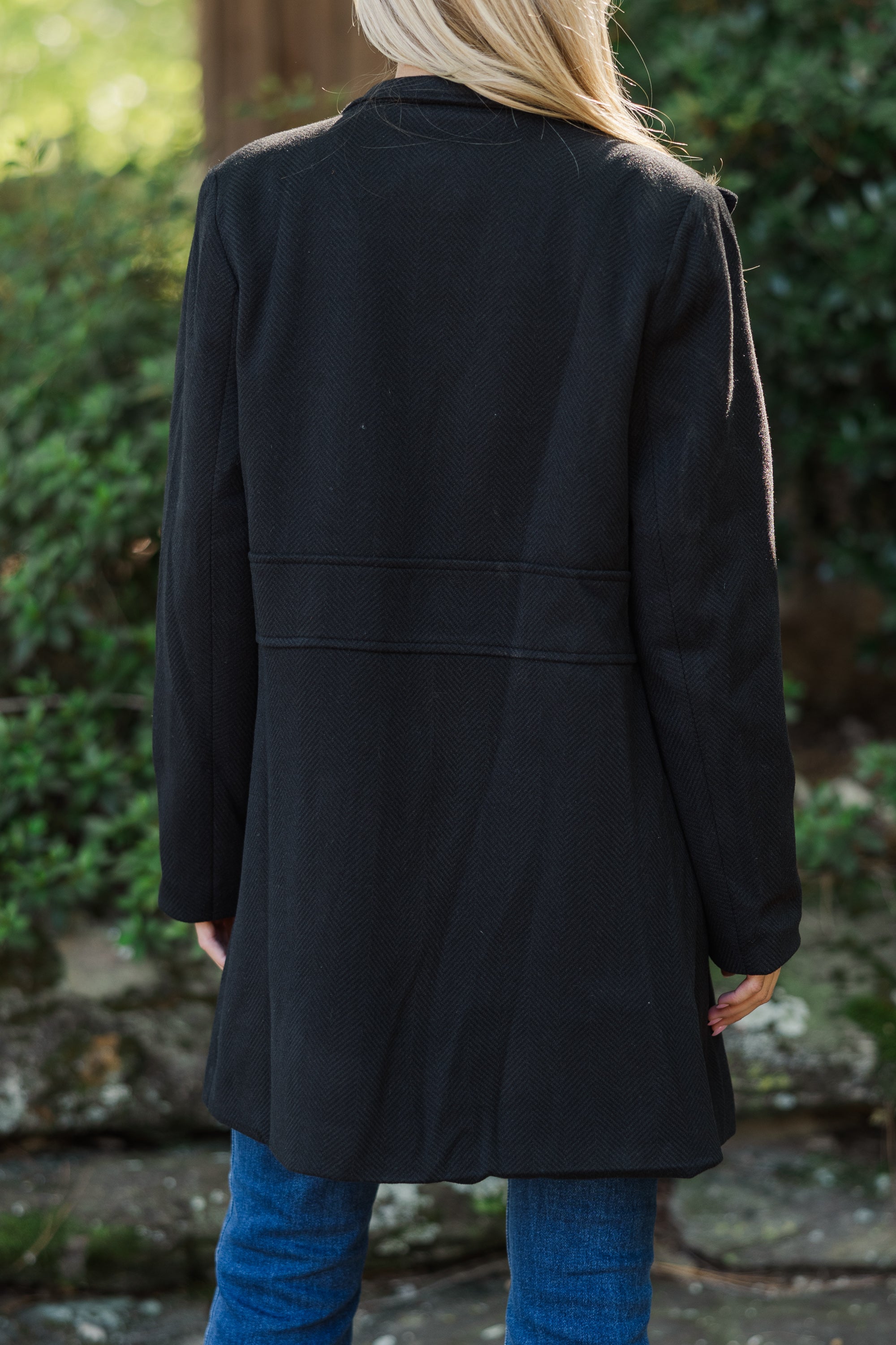 Stylish Black Herringbone Wool Coat for Women - Winter Warm Trench Coat with Belt - Perfect for Office, Dating & Formal Occasions