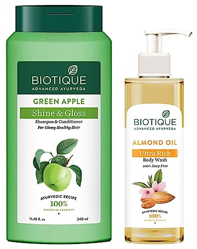 Biotique Almond Oil Ultra Rich Body Wash with Botanical Extracts - 200ml & Green Apple Fresh Daily Purifying Shampoo and Conditioner Set for Oily Scalp & Hair - 340ml | Hydrating Skincare & Hair Care Combo for Daily Use