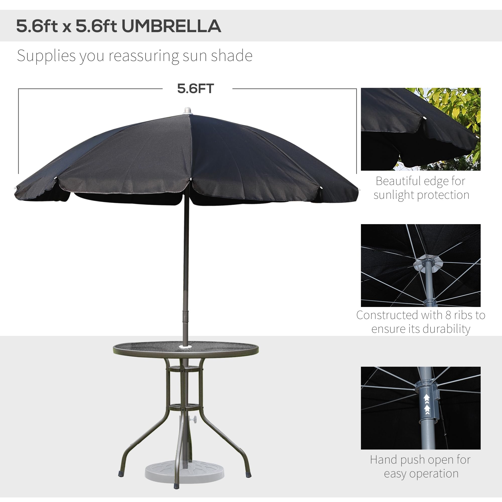 Outsunny 6-Piece Black Patio Dining Set with Umbrella - Round Glass Table & 4 Folding Chairs for Outdoor, Garden, Backyard, Poolside - Perfect for BBQs, Parties & Relaxing in the Sun