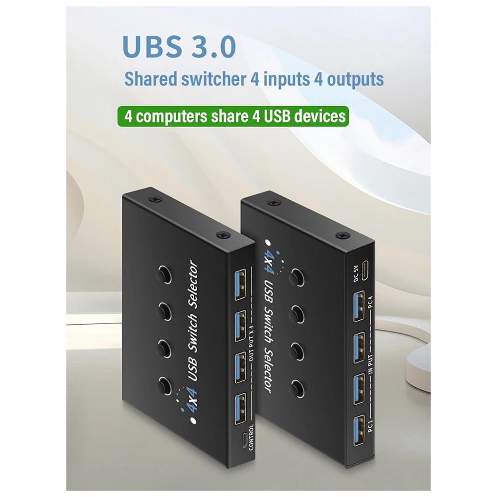 JUJNE USB 3.0 KVM Switch 4 Port - 4 Computer Sharing Device for PC, Laptop, Printer, Mouse & Keyboard - High-Speed USB 3.0 Hub for Home Office & Gaming Setup