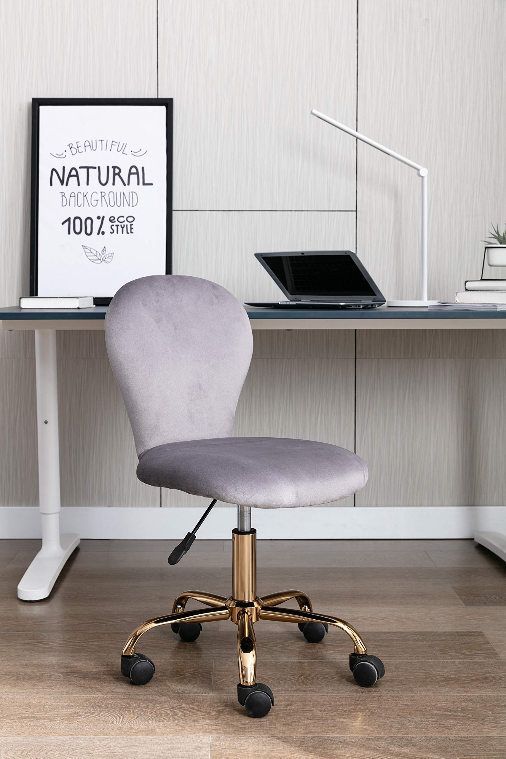 Porthos Home Evie Office Chair - Soft Velvet Upholstery, Golden Metal Legs with Wheels, Adjustable Height & Armless Design - Perfect for Home Office, Small Workspace & Cozy Studio Decor